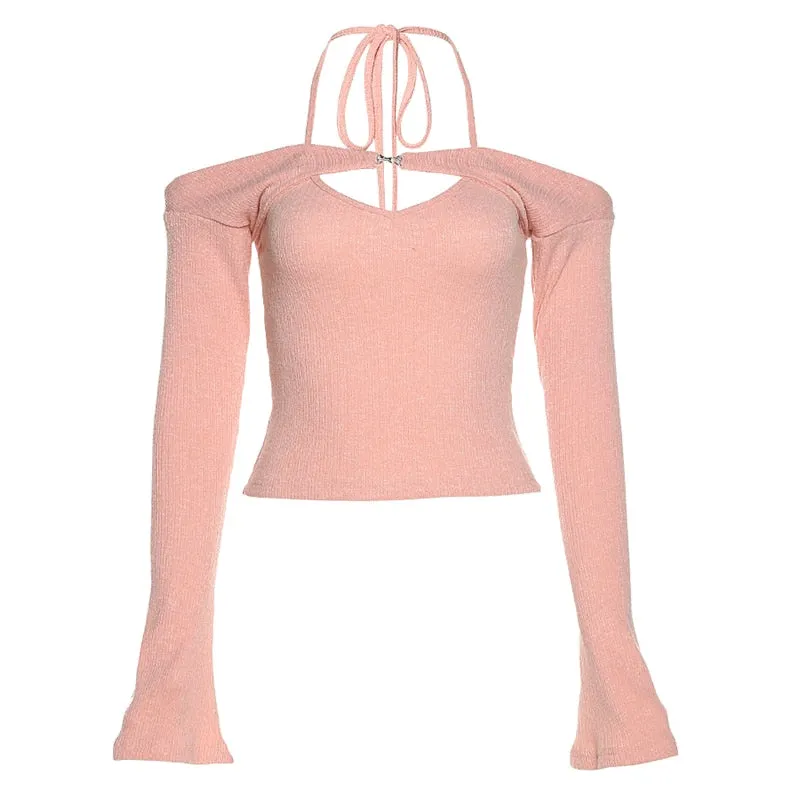 Advbridge  Y2K Knitted Halter Cami Tops And Flare Sleeve Shrug Set Blue Sweater Set Shawl Stacked 2 Piece Set Long Sleeve