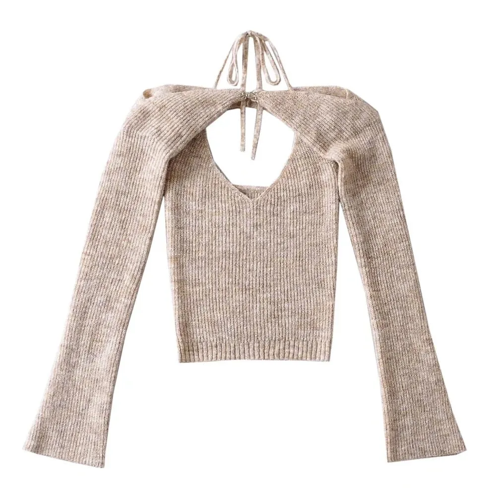 Advbridge  Y2K Knitted Halter Cami Tops And Flare Sleeve Shrug Set Blue Sweater Set Shawl Stacked 2 Piece Set Long Sleeve