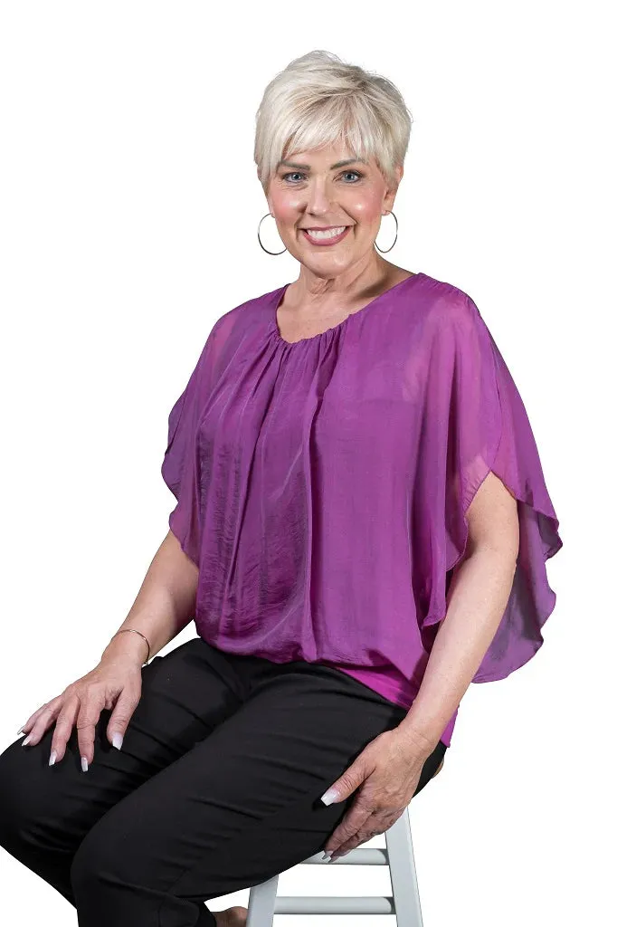 Aurora Flutter Fly Sleeve Silk Top w/ Band BSS202
