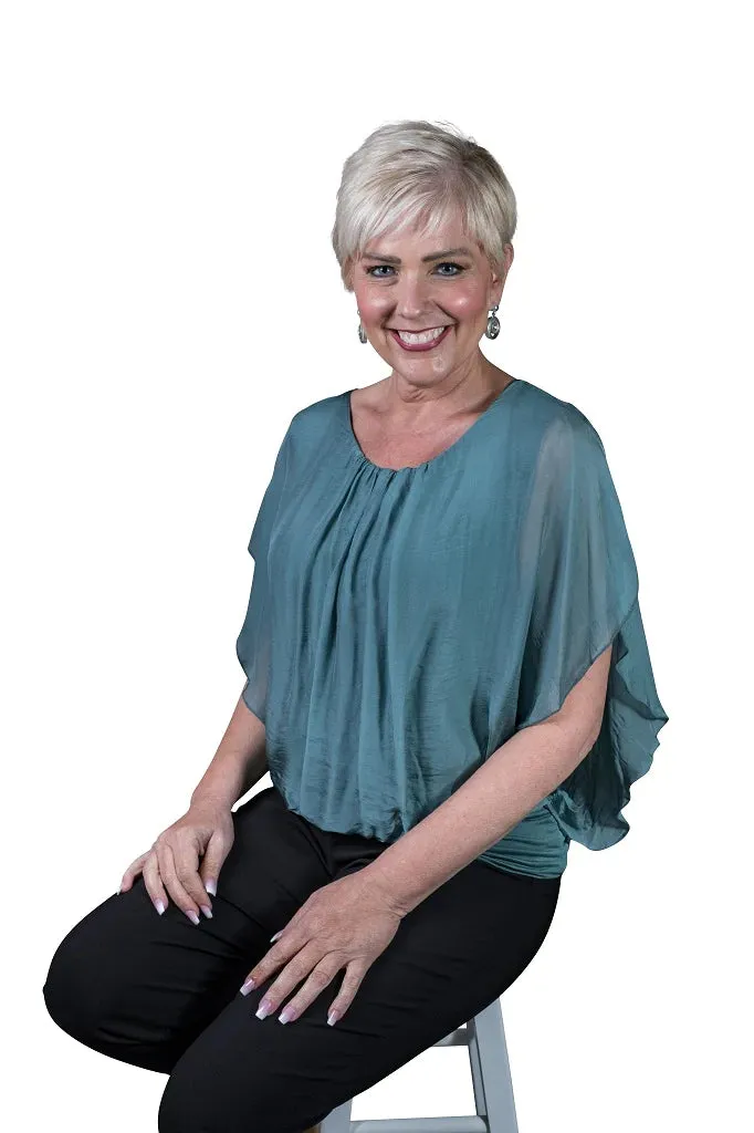 Aurora Flutter Fly Sleeve Silk Top w/ Band BSS202