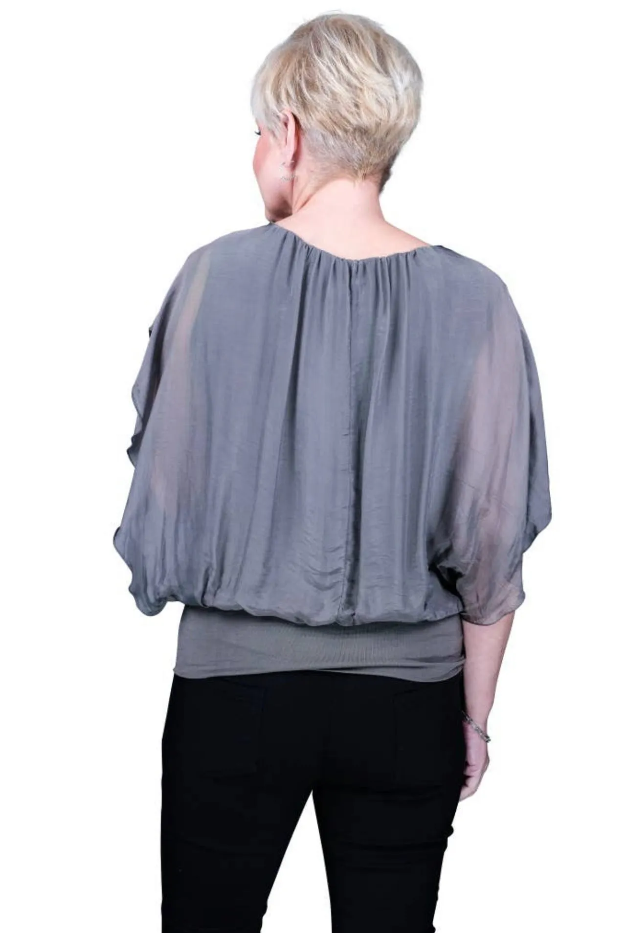 Aurora Flutter Fly Sleeve Silk Top w/ Band BSS202