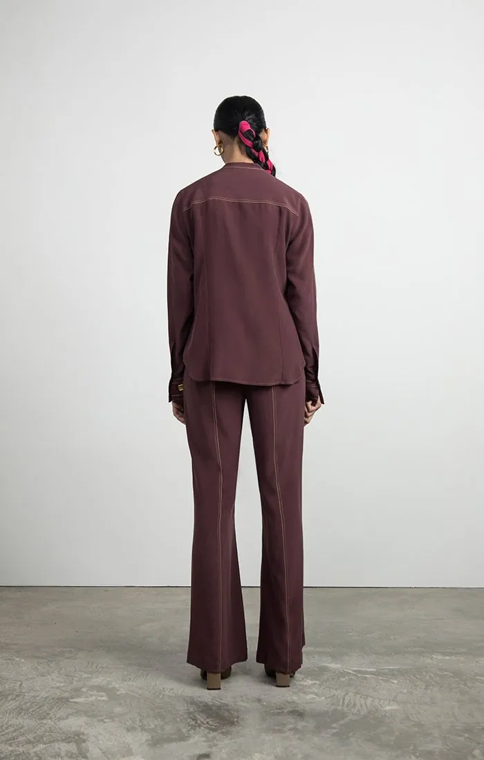 Band-collar Silk Blouse with Slits