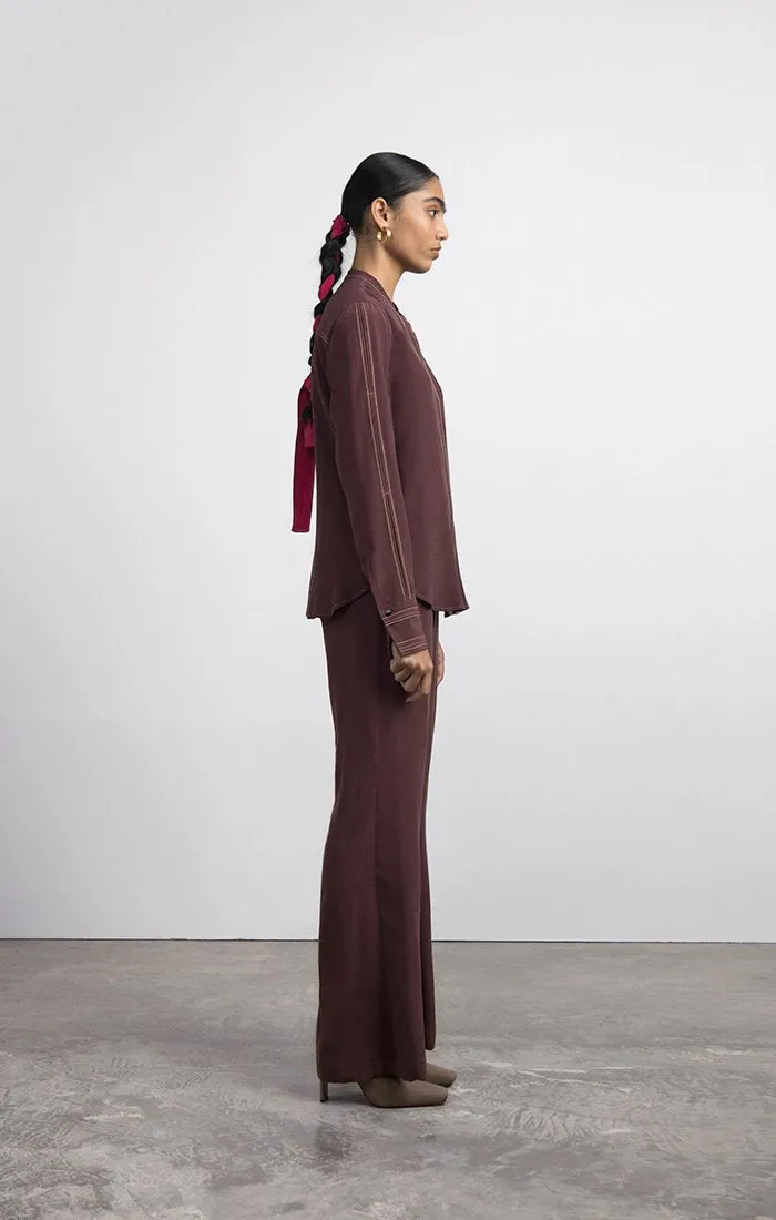 Band-collar Silk Blouse with Slits