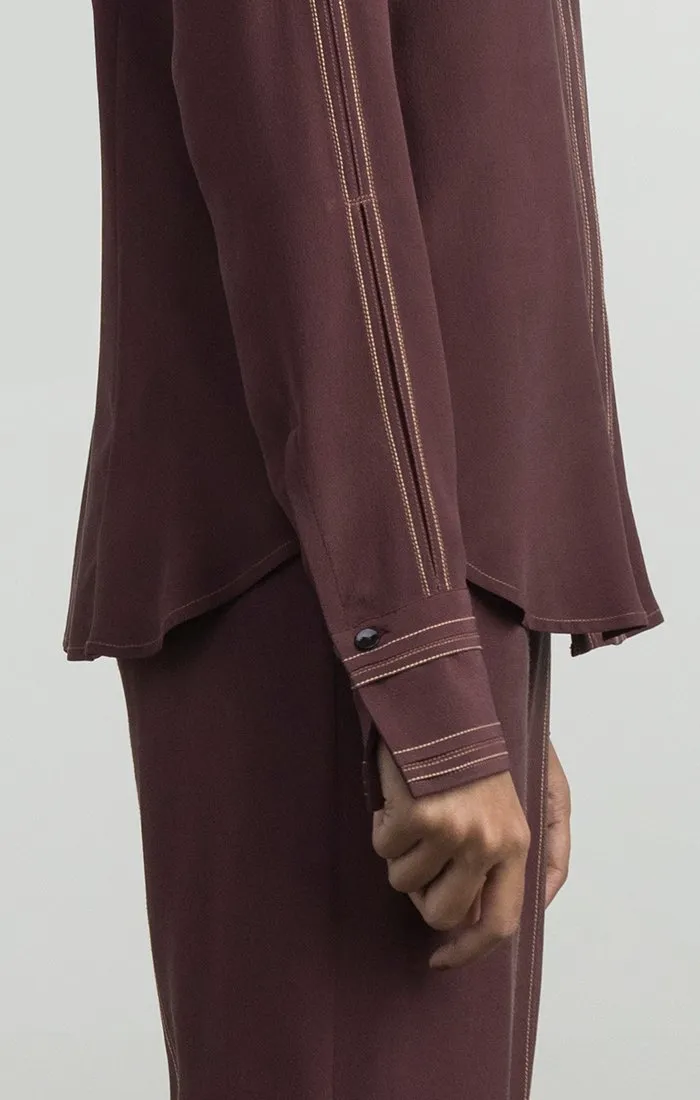 Band-collar Silk Blouse with Slits