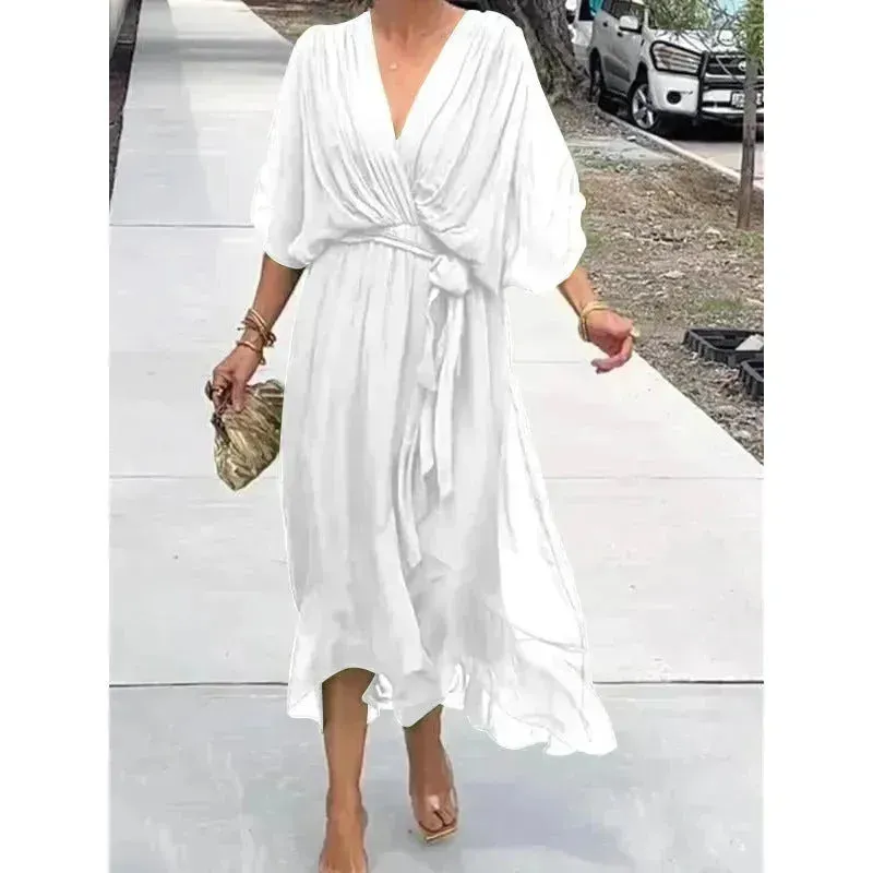 Batwing Sleeve V-neck Dress Summer Pure Color Tied Irregular Wrap Midi Dresses for Women