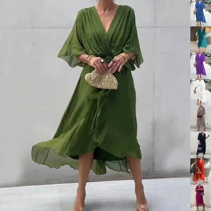 Batwing Sleeve V-neck Dress Summer Pure Color Tied Irregular Wrap Midi Dresses for Women