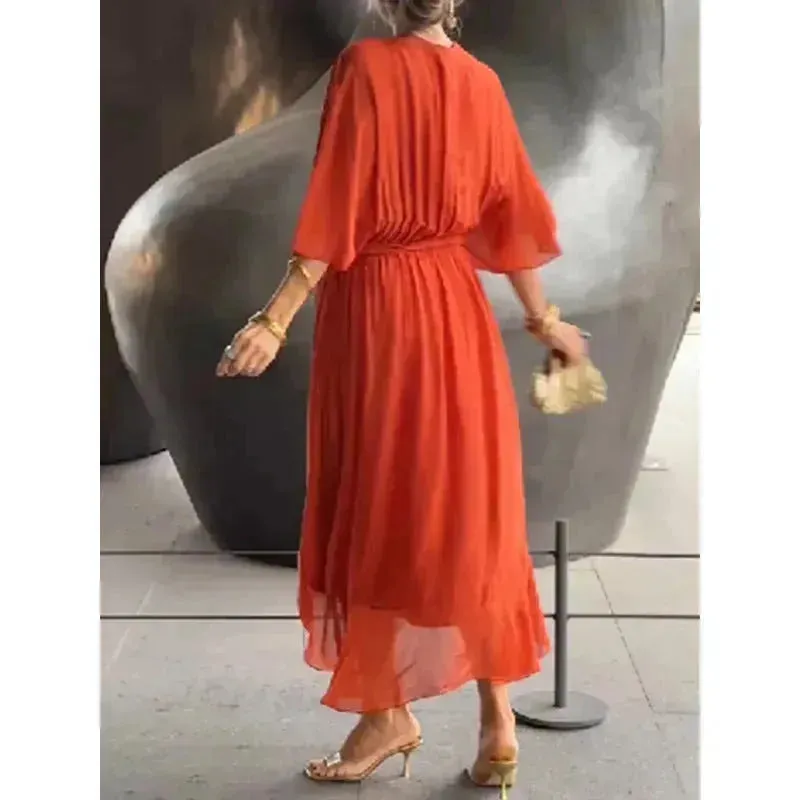 Batwing Sleeve V-neck Dress Summer Pure Color Tied Irregular Wrap Midi Dresses for Women