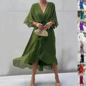 Batwing Sleeve V-neck Dress Summer Pure Color Tied Irregular Wrap Midi Dresses for Women