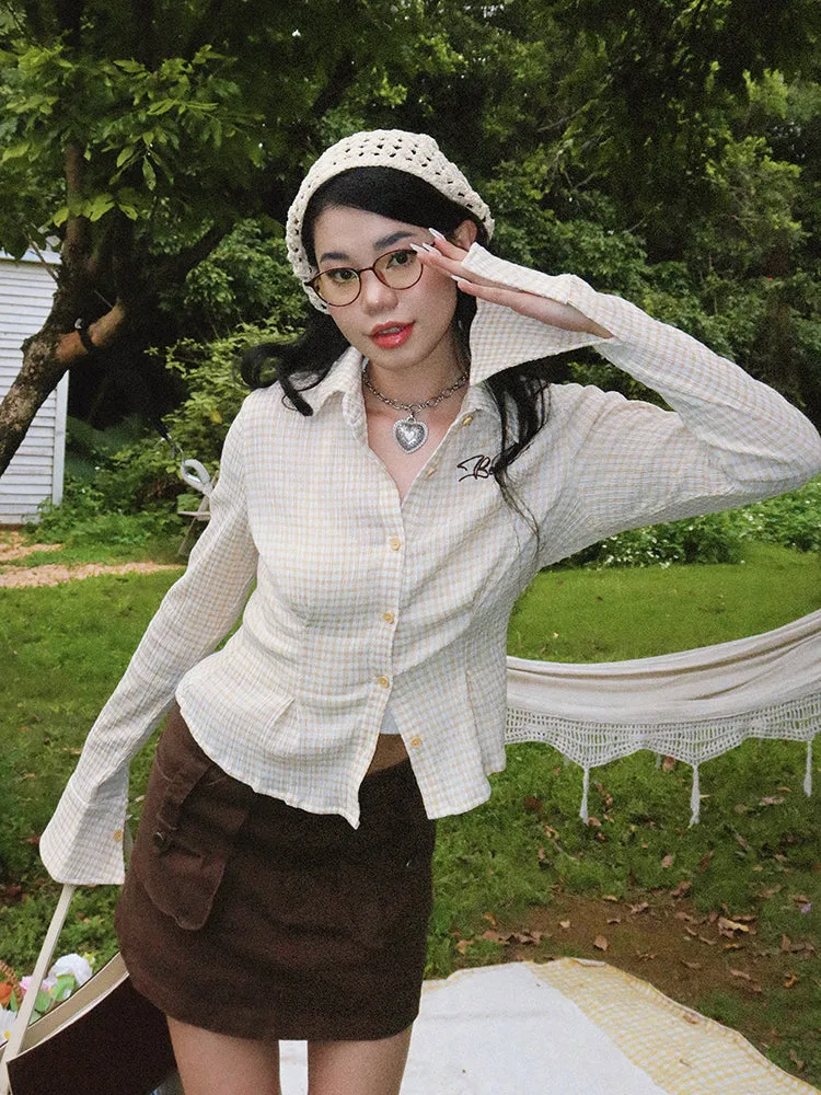 BeerBro American Style Plaid Long-Sleeved Retro Preppy Pleated Bottom Button Up Long Bell Sleeve Top