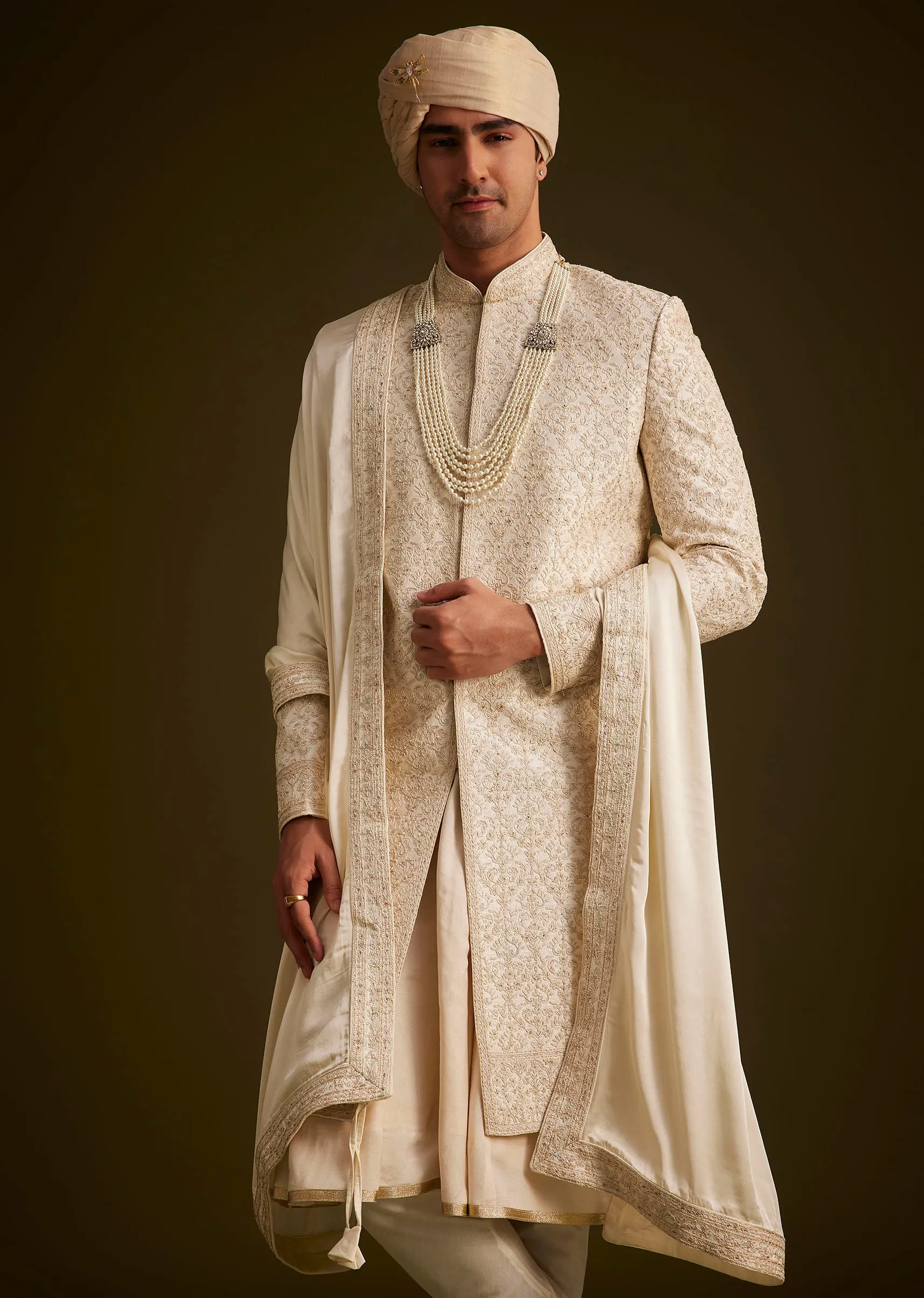 Beige Resham Embroidered Sherwani With Elegant Dupatta