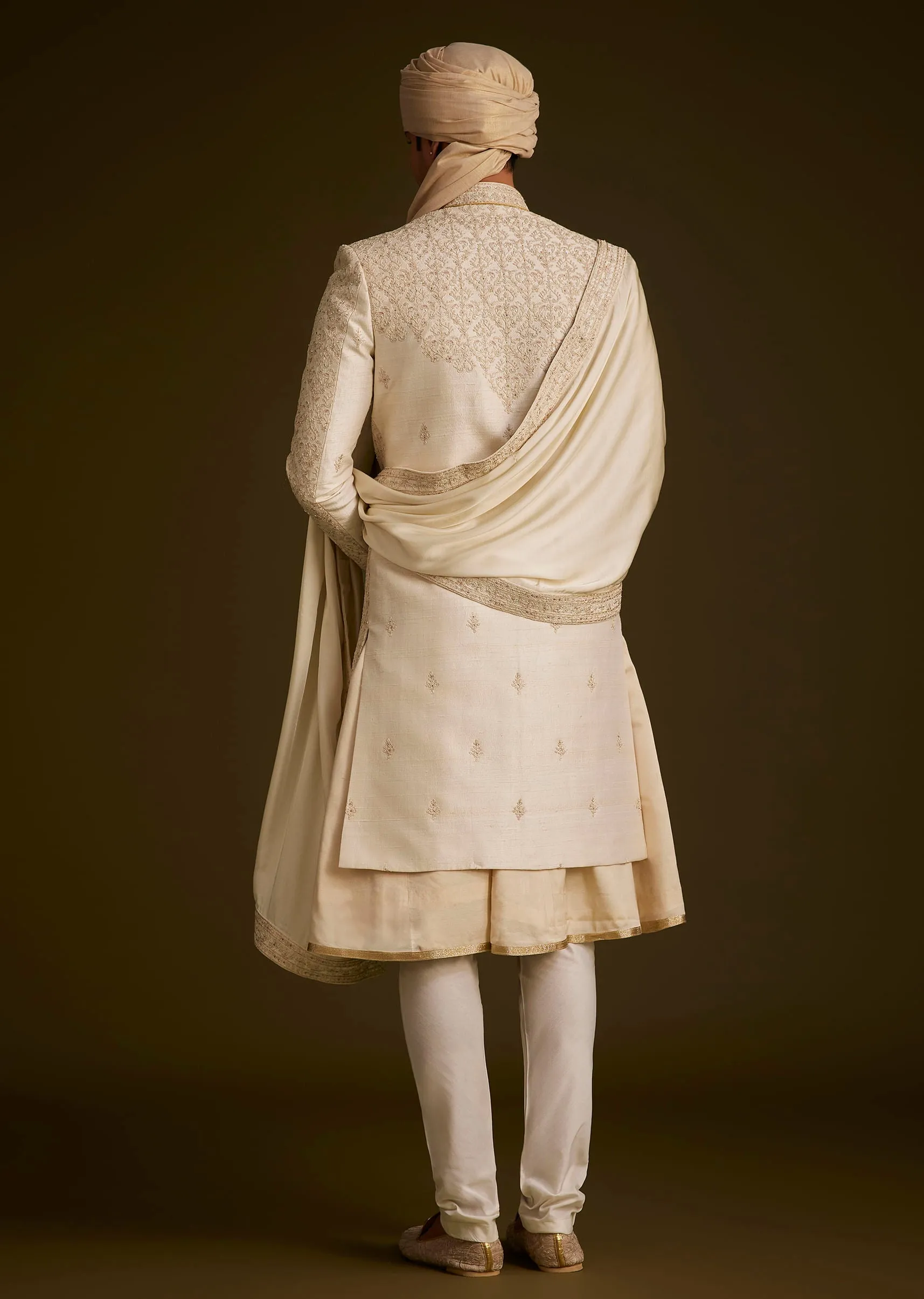 Beige Resham Embroidered Sherwani With Elegant Dupatta