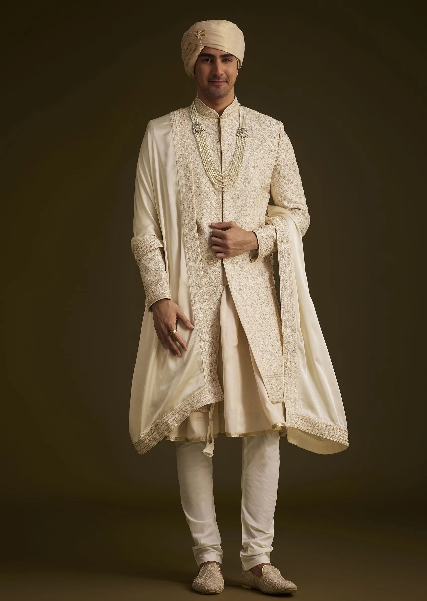 Beige Resham Embroidered Sherwani With Elegant Dupatta