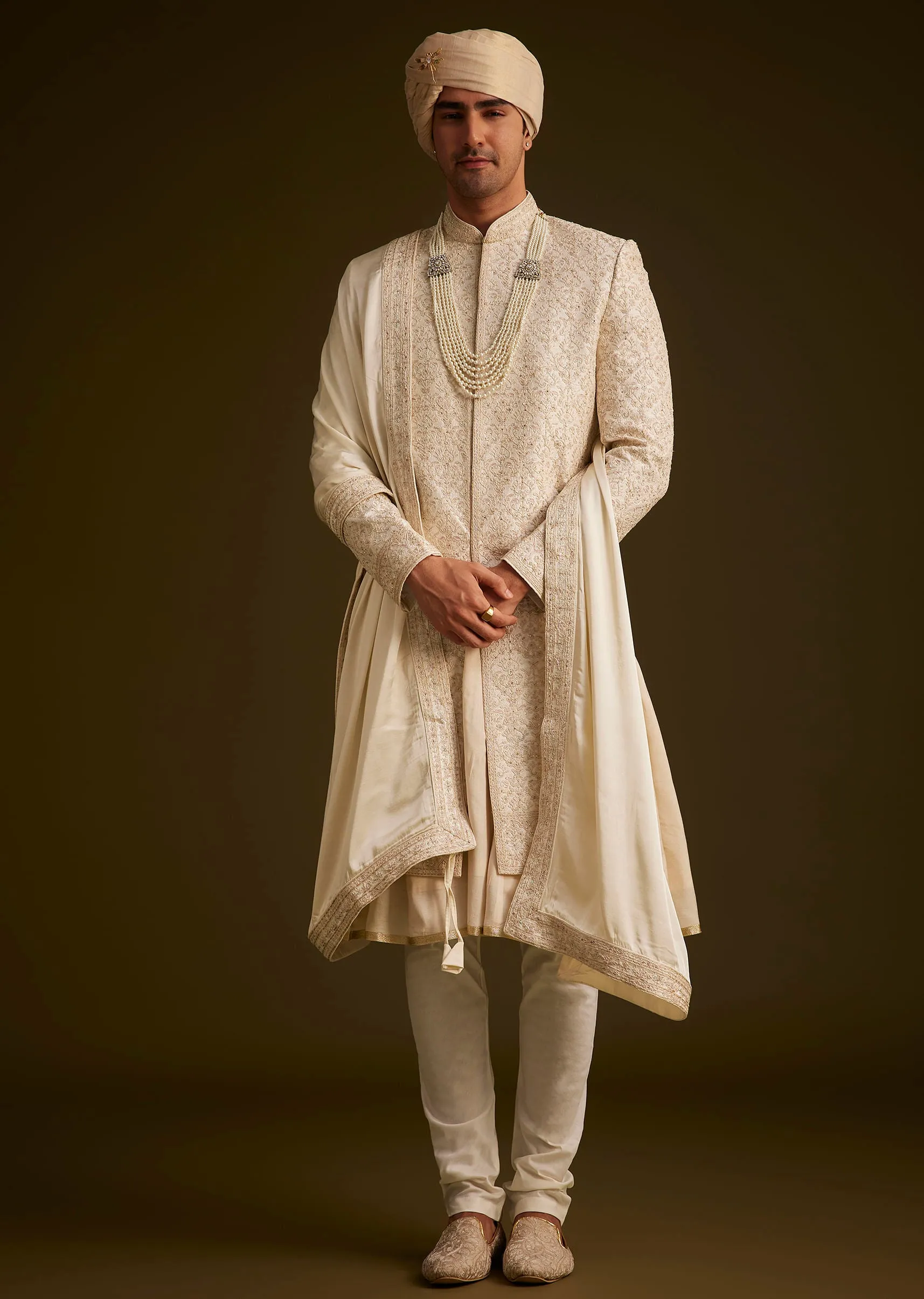 Beige Resham Embroidered Sherwani With Elegant Dupatta