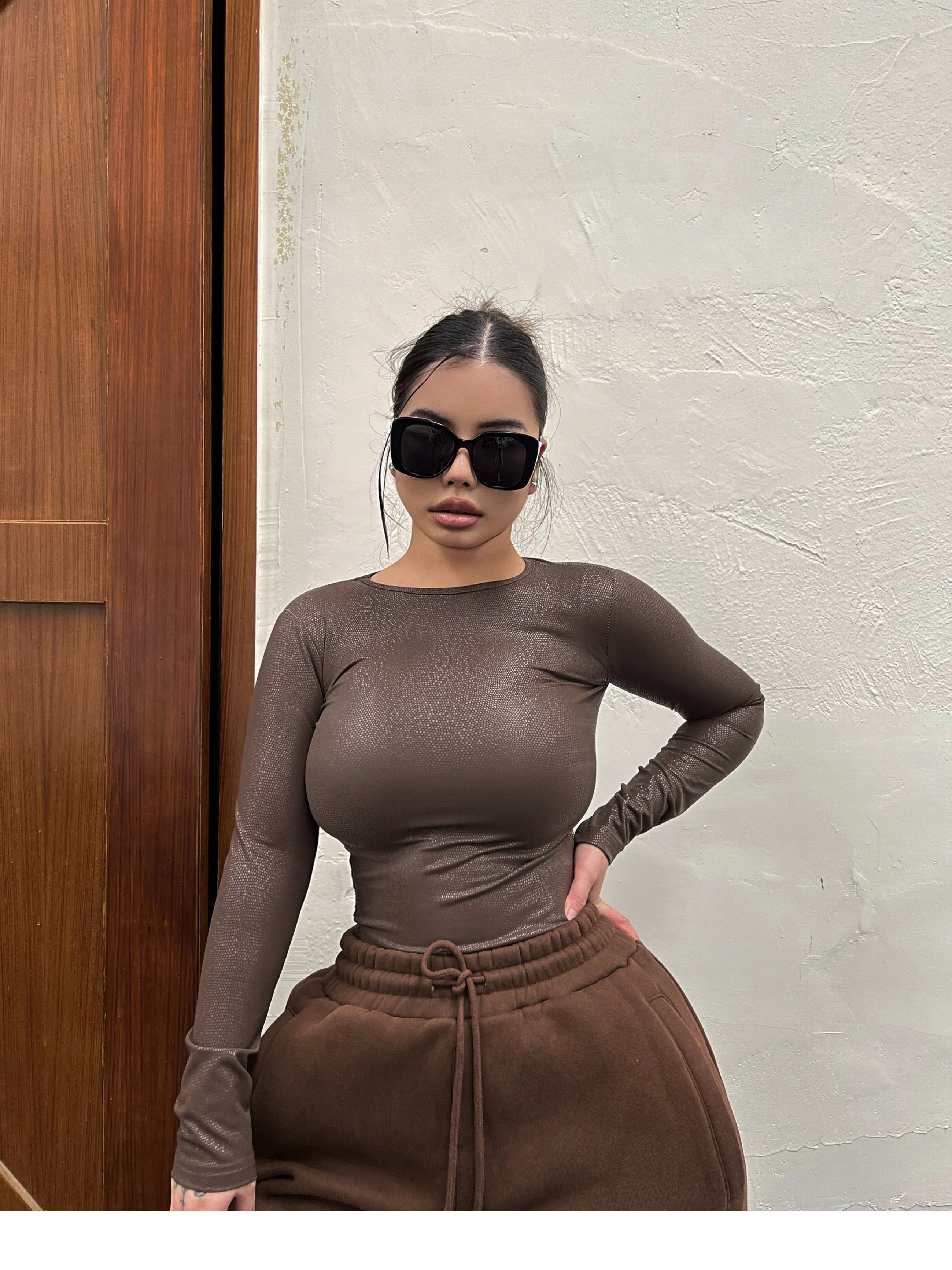 Beverley SYNEZ Pu Leather Long Sleeve Shiny Top