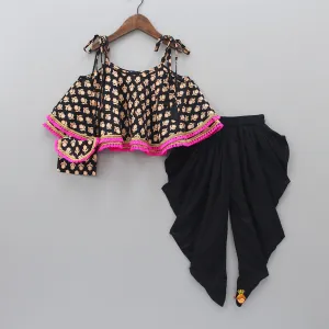 Black Stylish Printed Lace Work Top And Dhoti With Matching Sling Bag