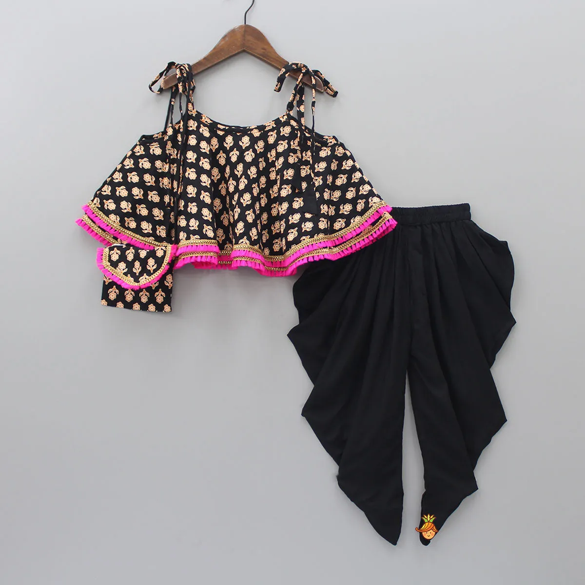 Black Stylish Printed Lace Work Top And Dhoti With Matching Sling Bag