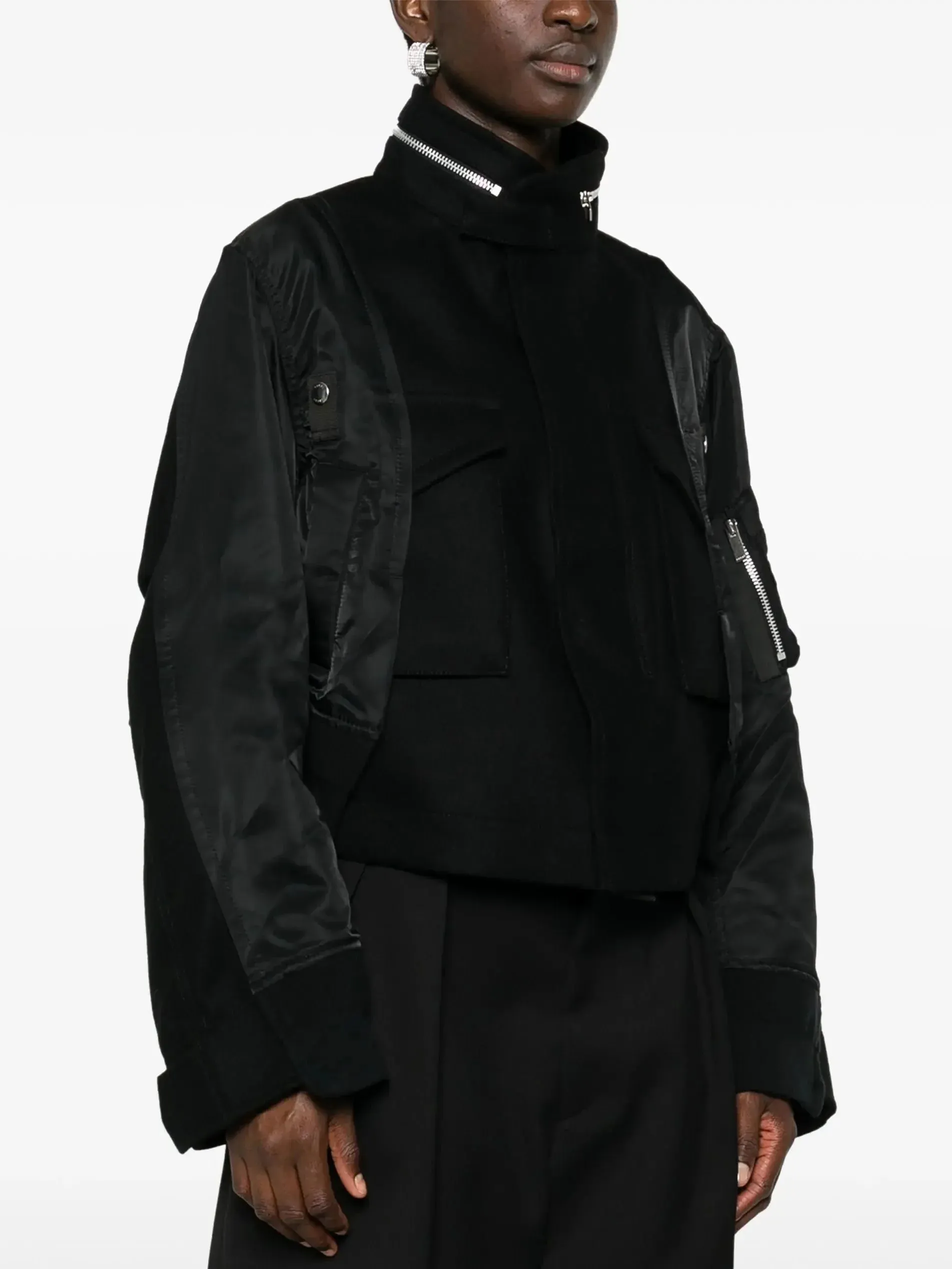 Black Zip-Collar Contrast-Panel Felt and Shell Jacket