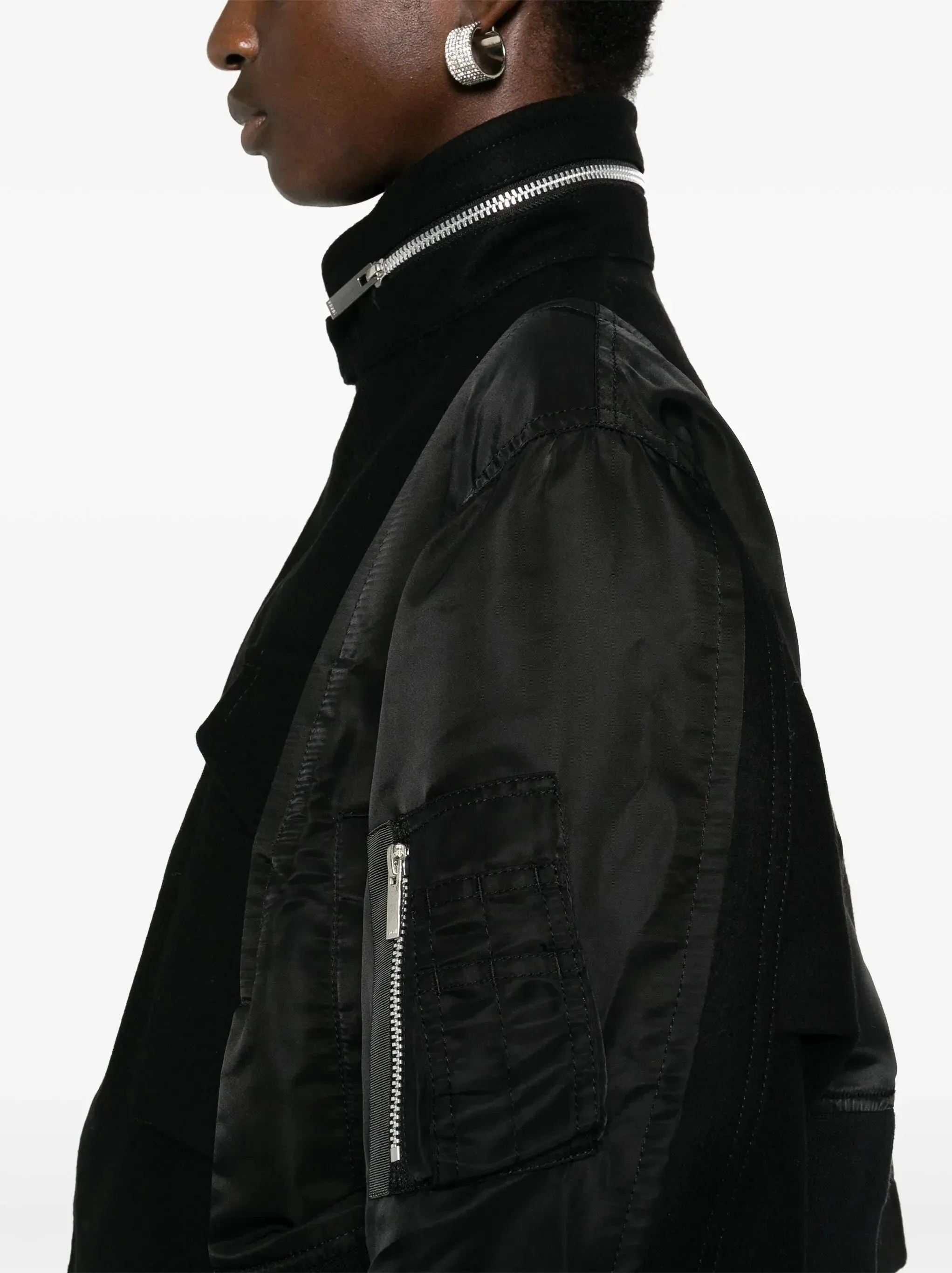 Black Zip-Collar Contrast-Panel Felt and Shell Jacket