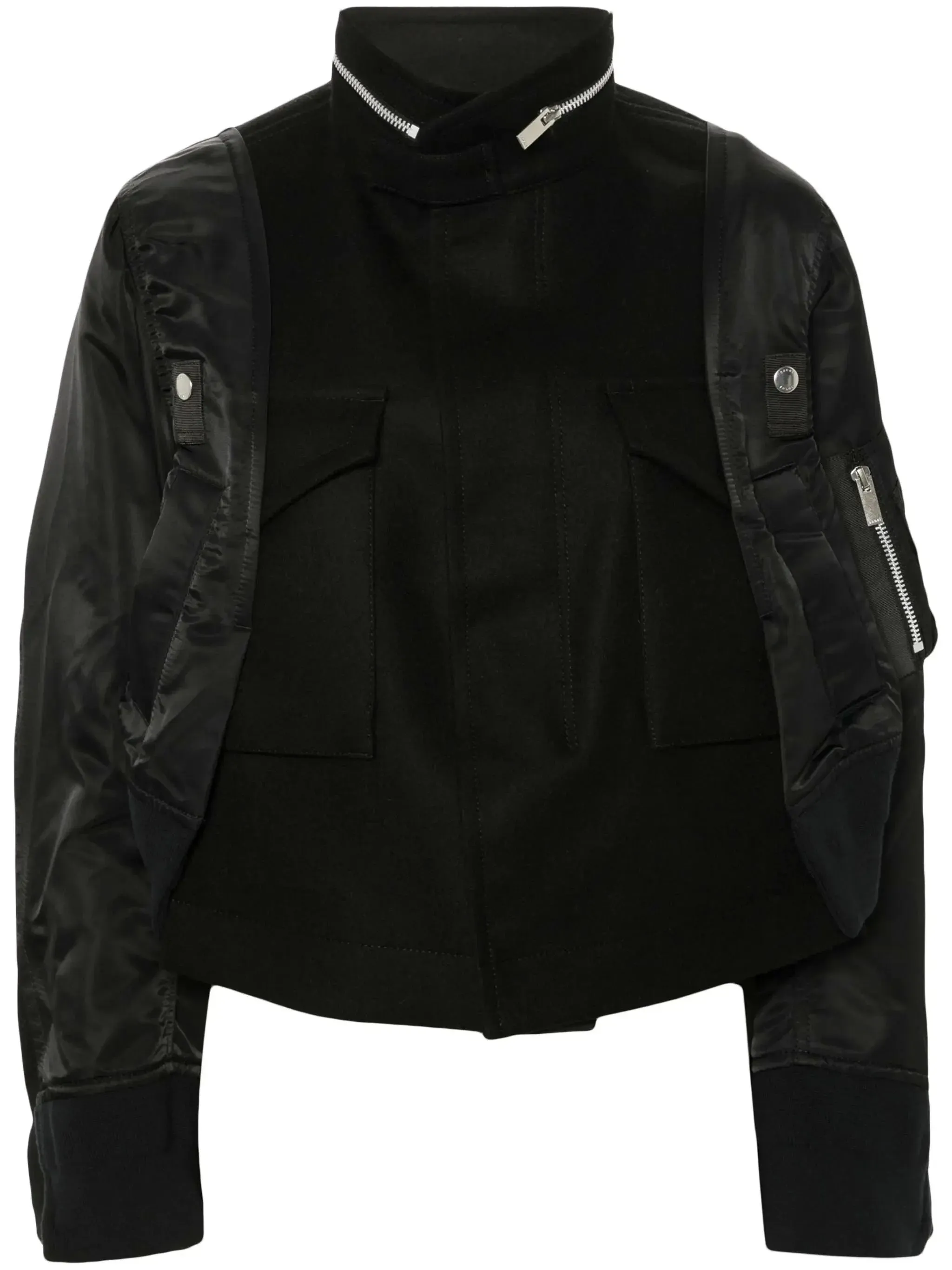 Black Zip-Collar Contrast-Panel Felt and Shell Jacket