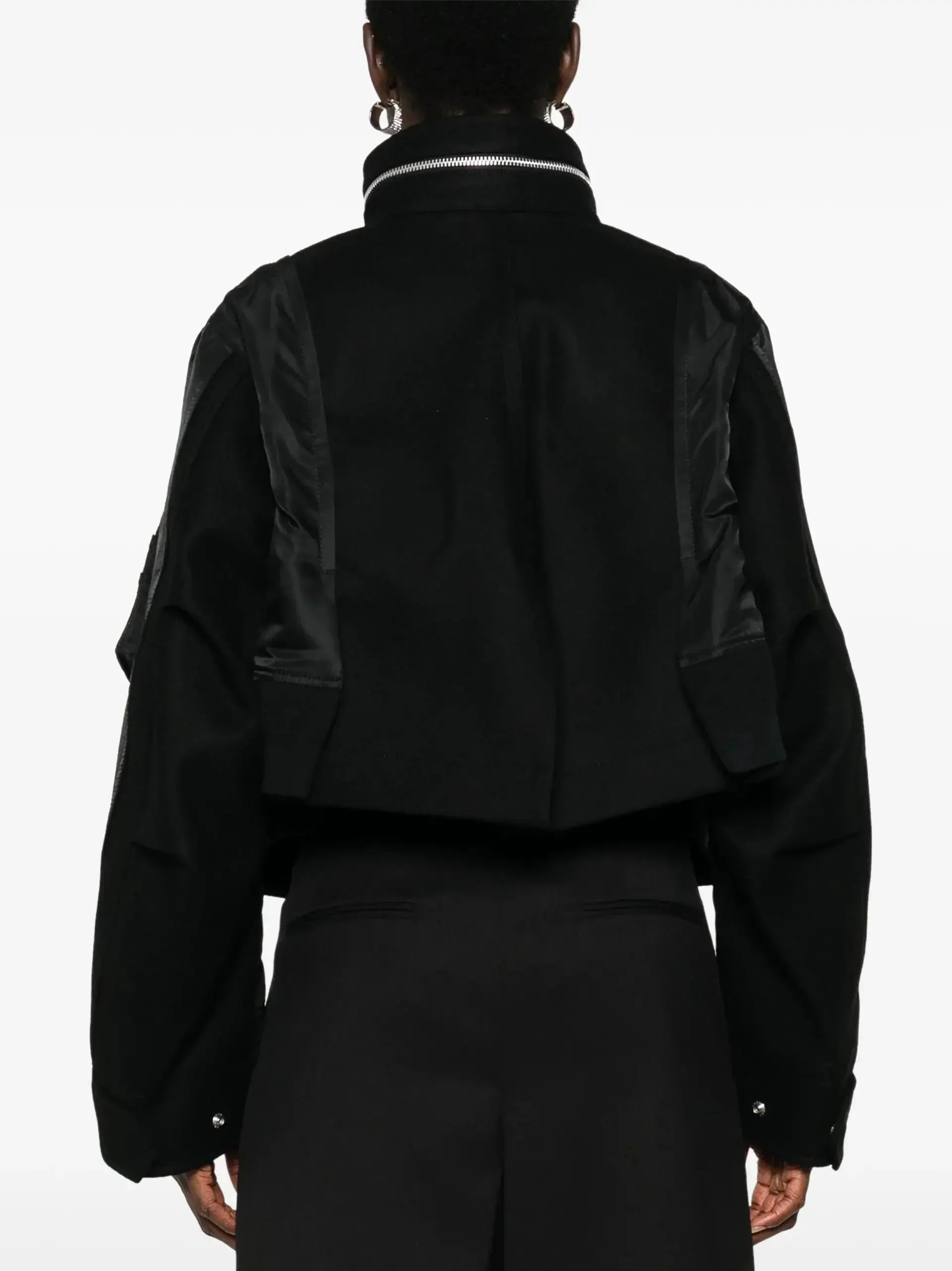 Black Zip-Collar Contrast-Panel Felt and Shell Jacket