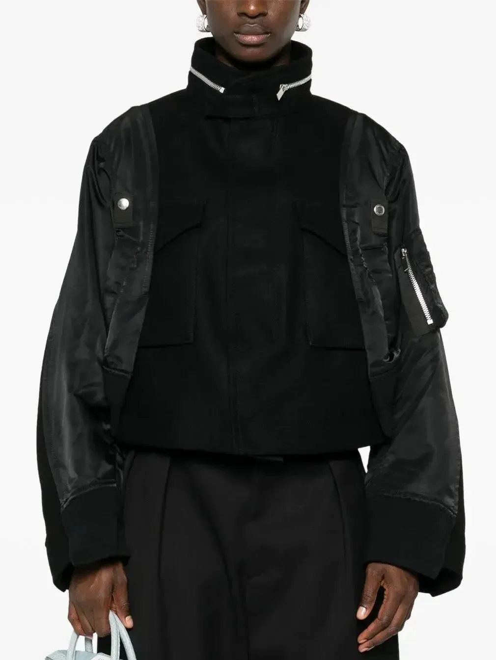 Black Zip-Collar Contrast-Panel Felt and Shell Jacket