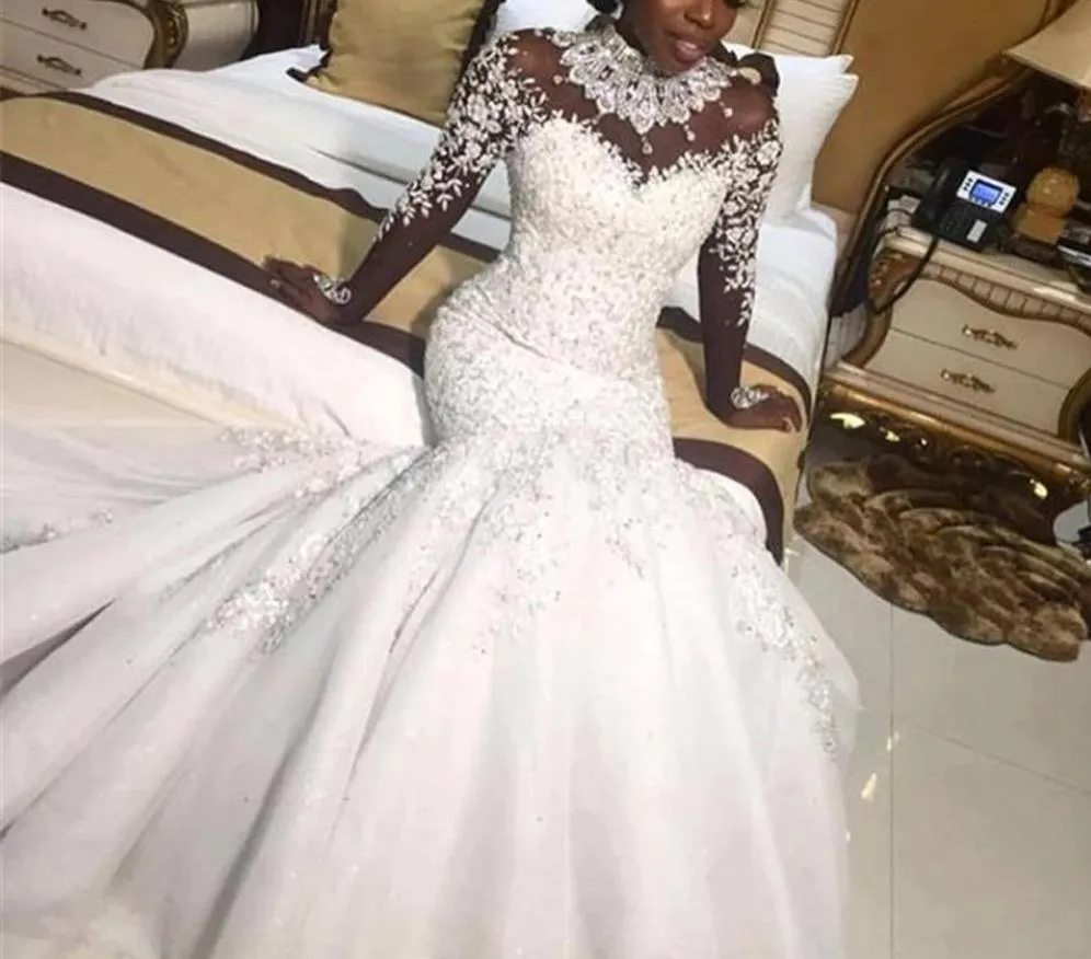 Bling Bling Satin Mermaid Wedding Dress with Crystals Beaded Sheer Long Sleeves