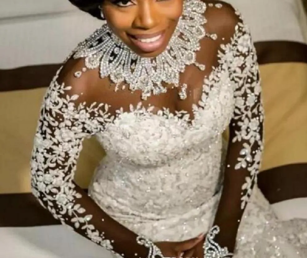 Bling Bling Satin Mermaid Wedding Dress with Crystals Beaded Sheer Long Sleeves