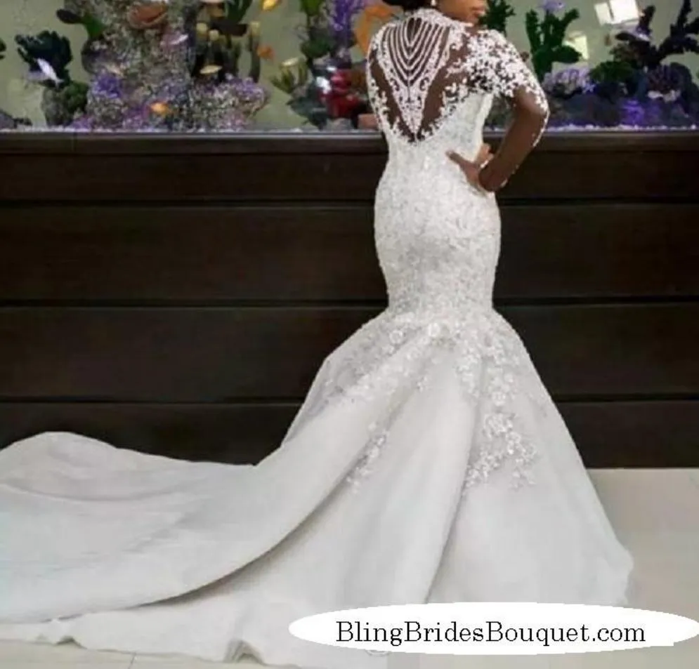 Bling Bling Satin Mermaid Wedding Dress with Crystals Beaded Sheer Long Sleeves