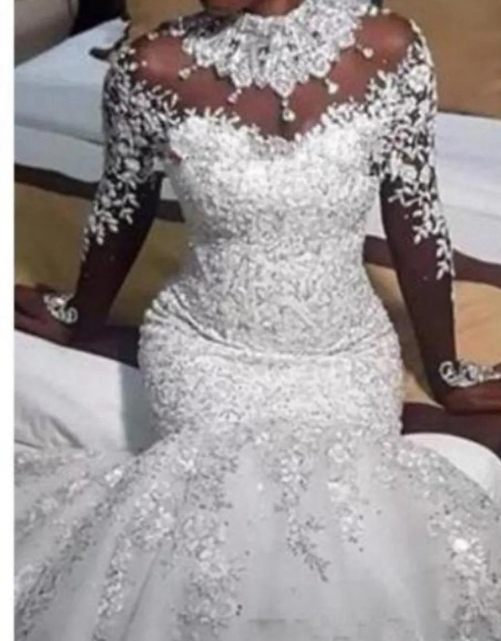 Bling Bling Satin Mermaid Wedding Dress with Crystals Beaded Sheer Long Sleeves