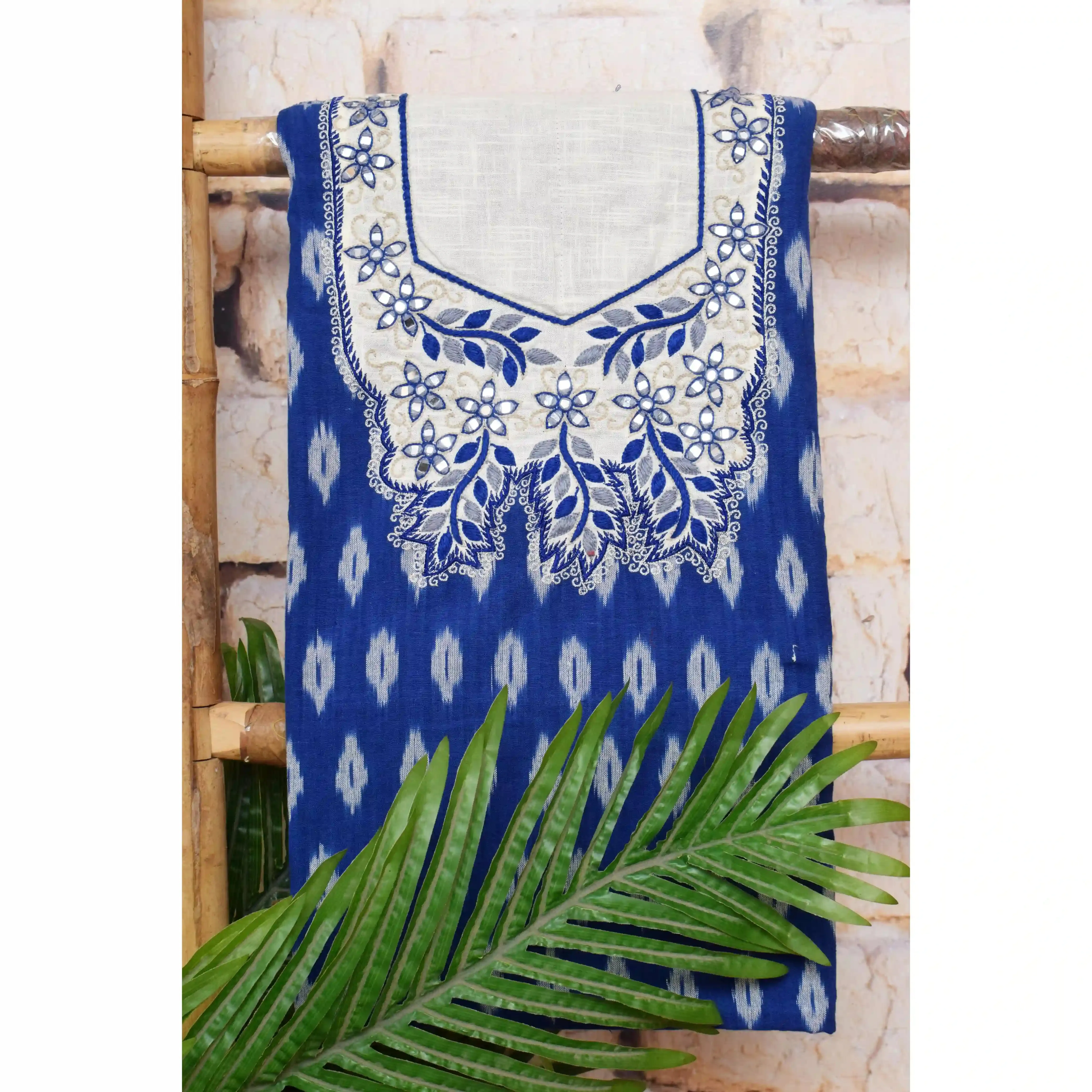 Blue Ikat Hand Embroidered Cotton Kurti