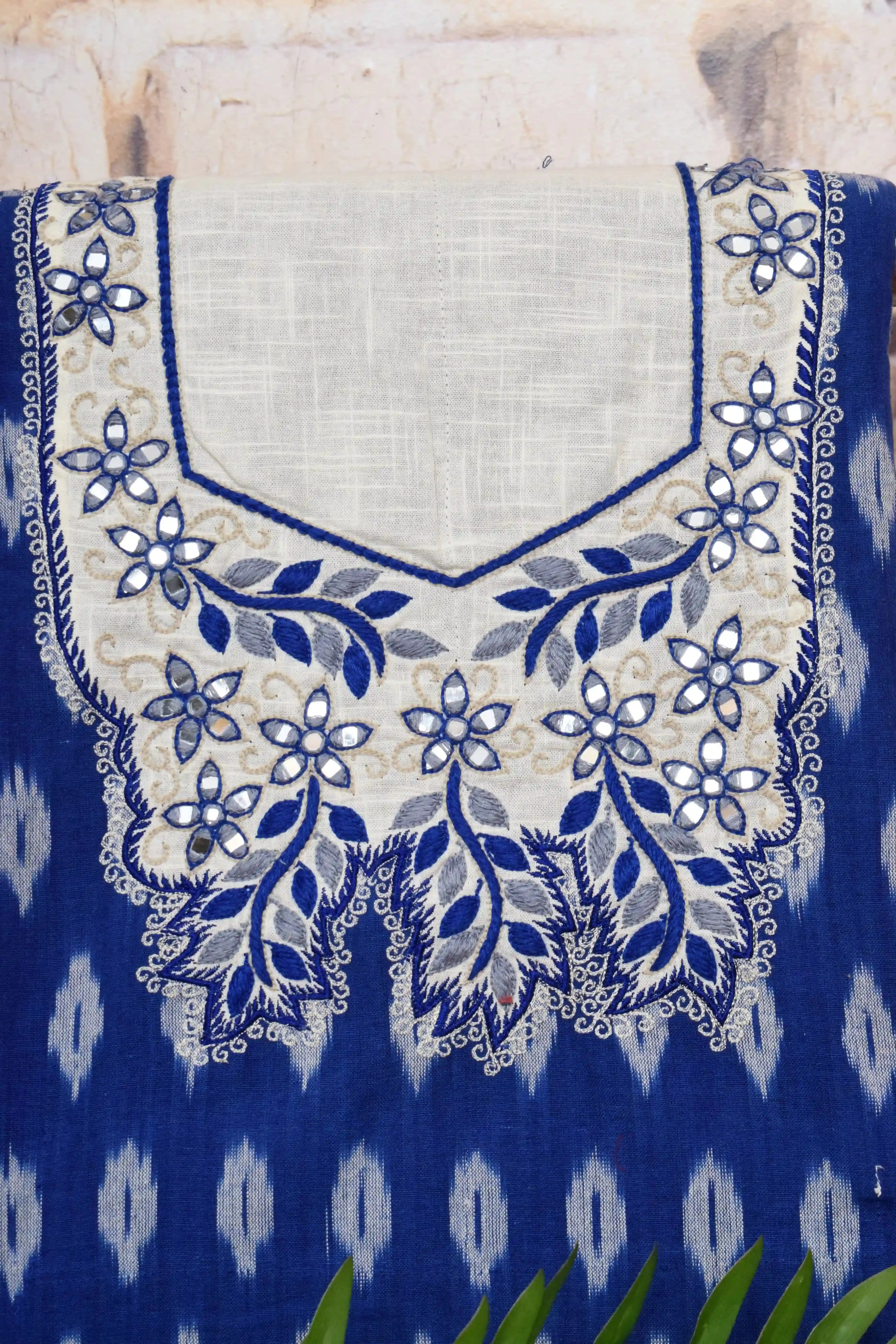 Blue Ikat Hand Embroidered Cotton Kurti