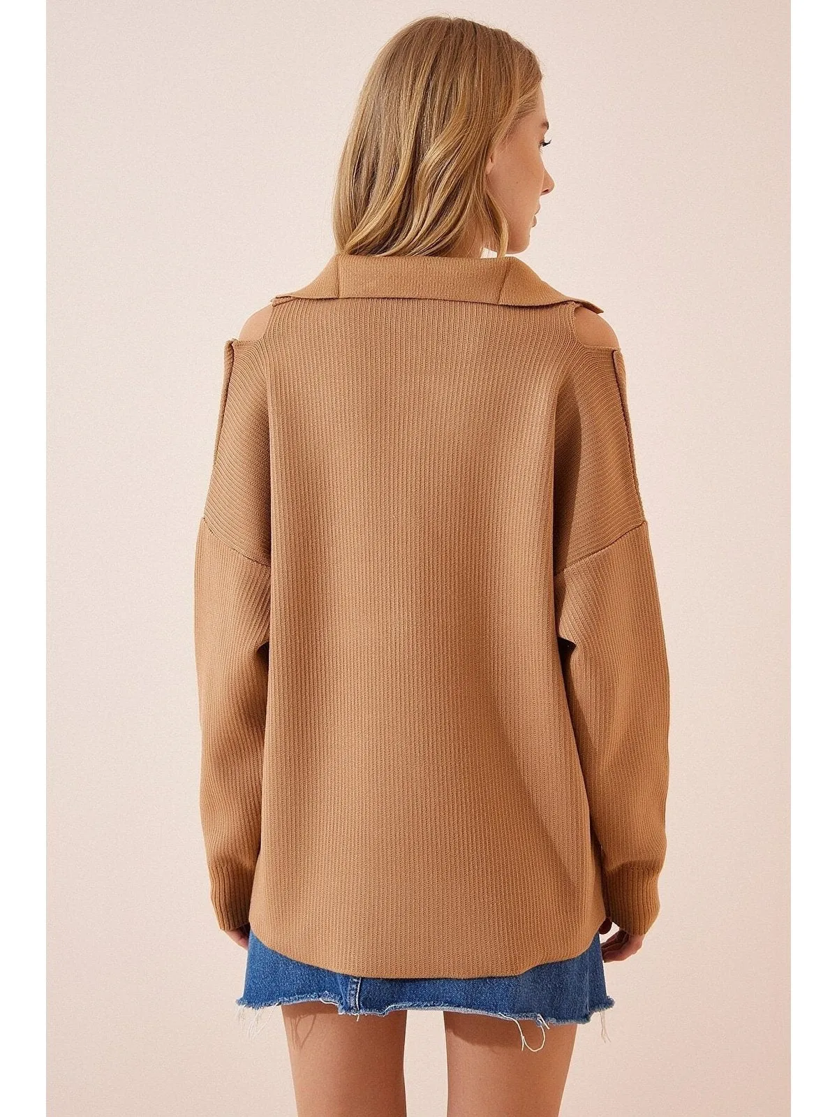 Camel Cut Out Detailed Knitwear Cardigan