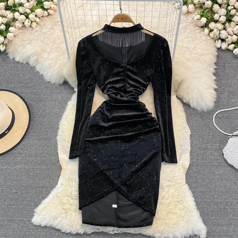 Celebrity temperament V-neck hanging neck tassel wrap hip dress  3391