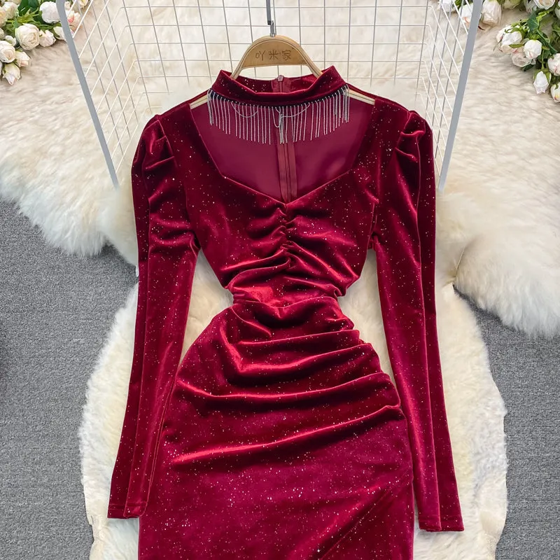 Celebrity temperament V-neck hanging neck tassel wrap hip dress  3391