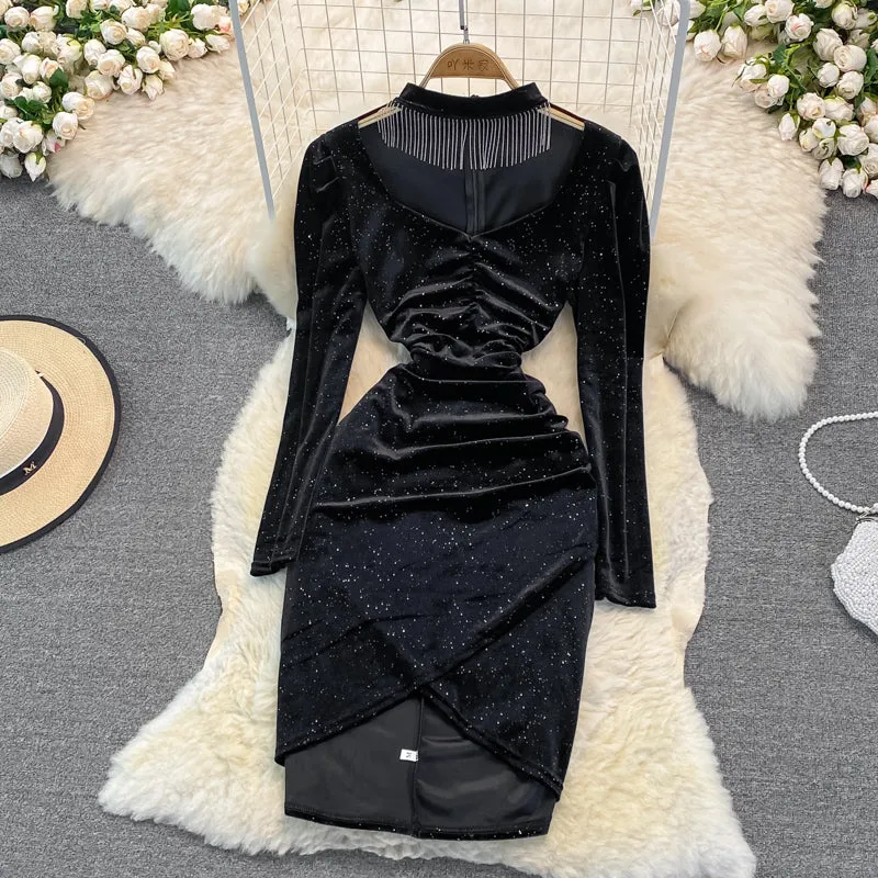 Celebrity temperament V-neck hanging neck tassel wrap hip dress  3391