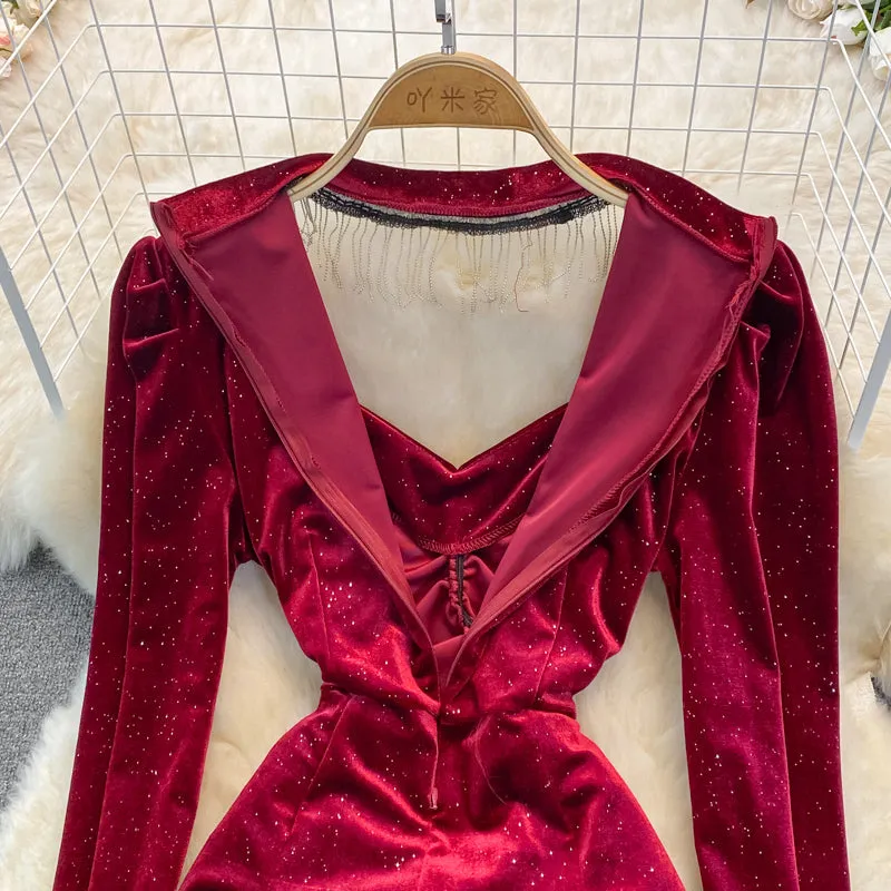 Celebrity temperament V-neck hanging neck tassel wrap hip dress  3391
