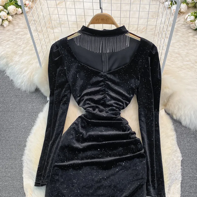 Celebrity temperament V-neck hanging neck tassel wrap hip dress  3391
