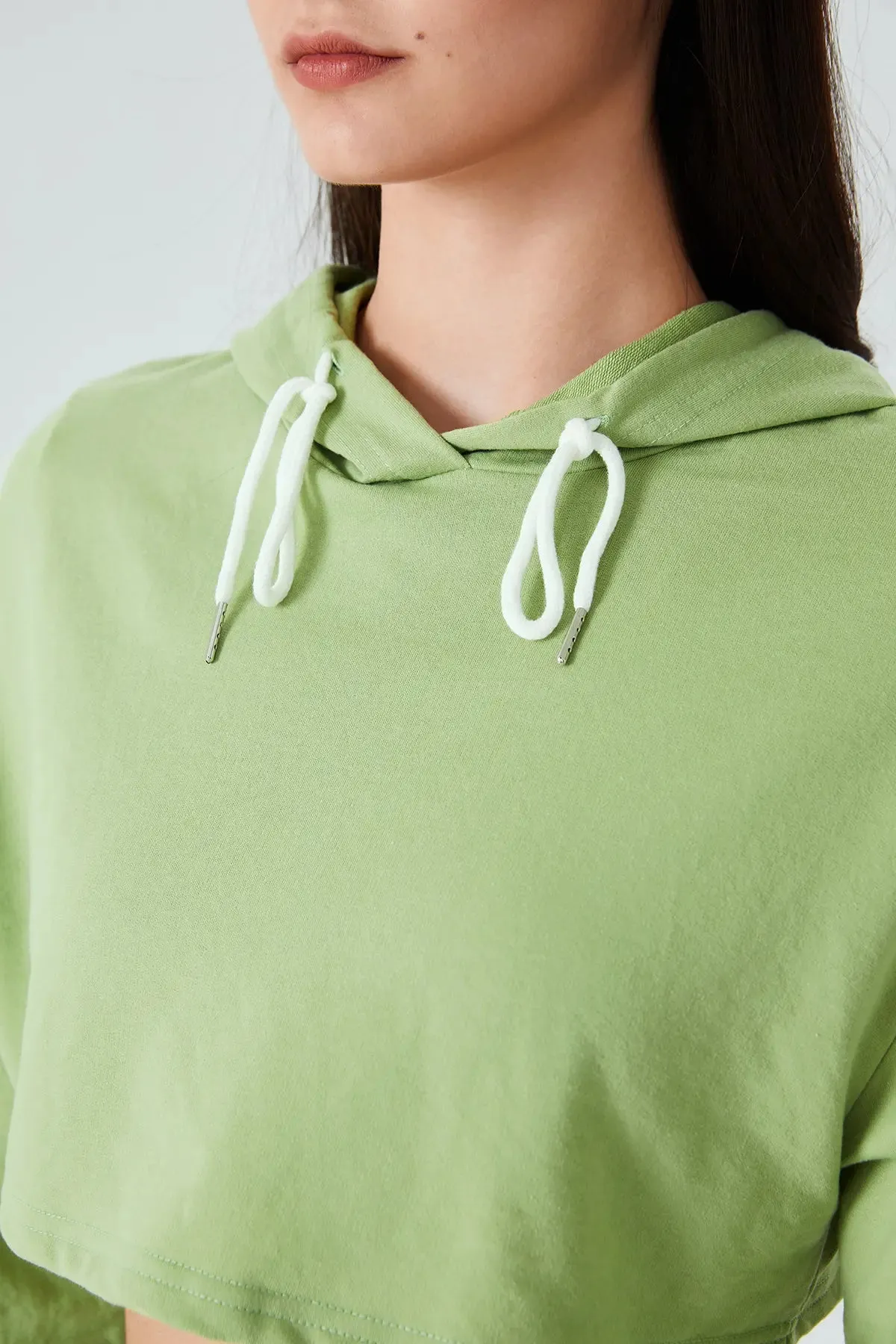 Drawstring Bishop Sleeve Crop Hoodie