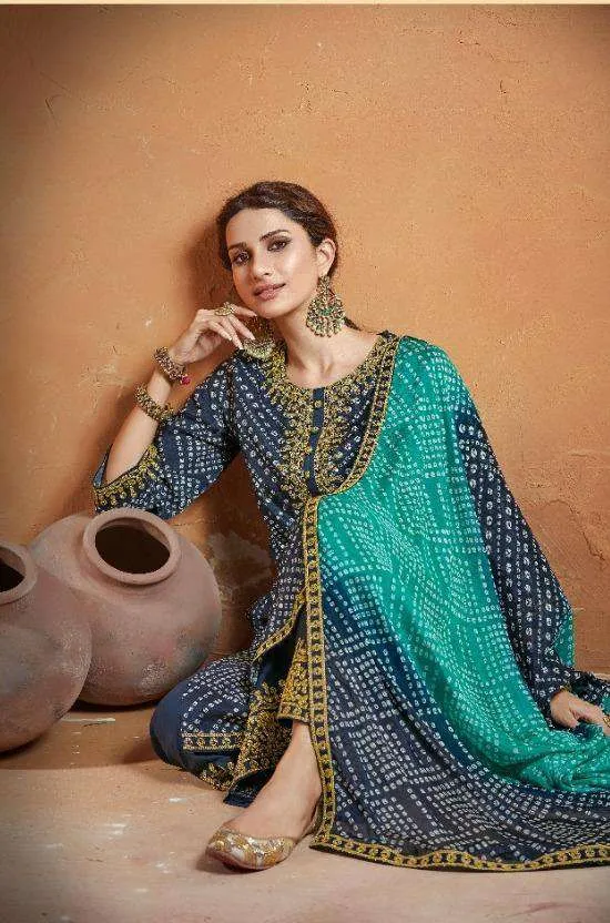 Ethnic Blue Long Bandhani Style Party Wear Dress