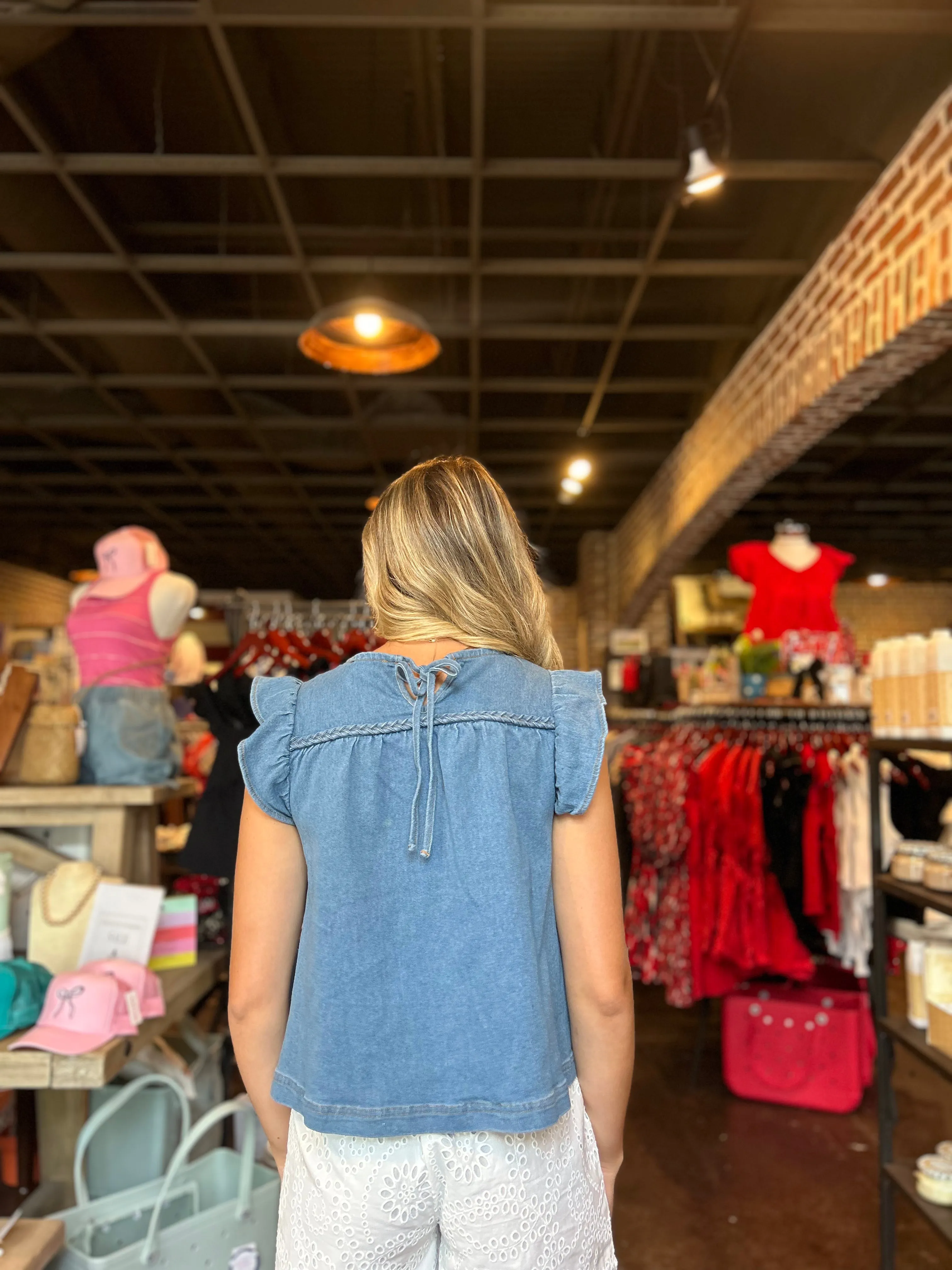 FINAL SALE - Braid Trim Light Denim Blouse