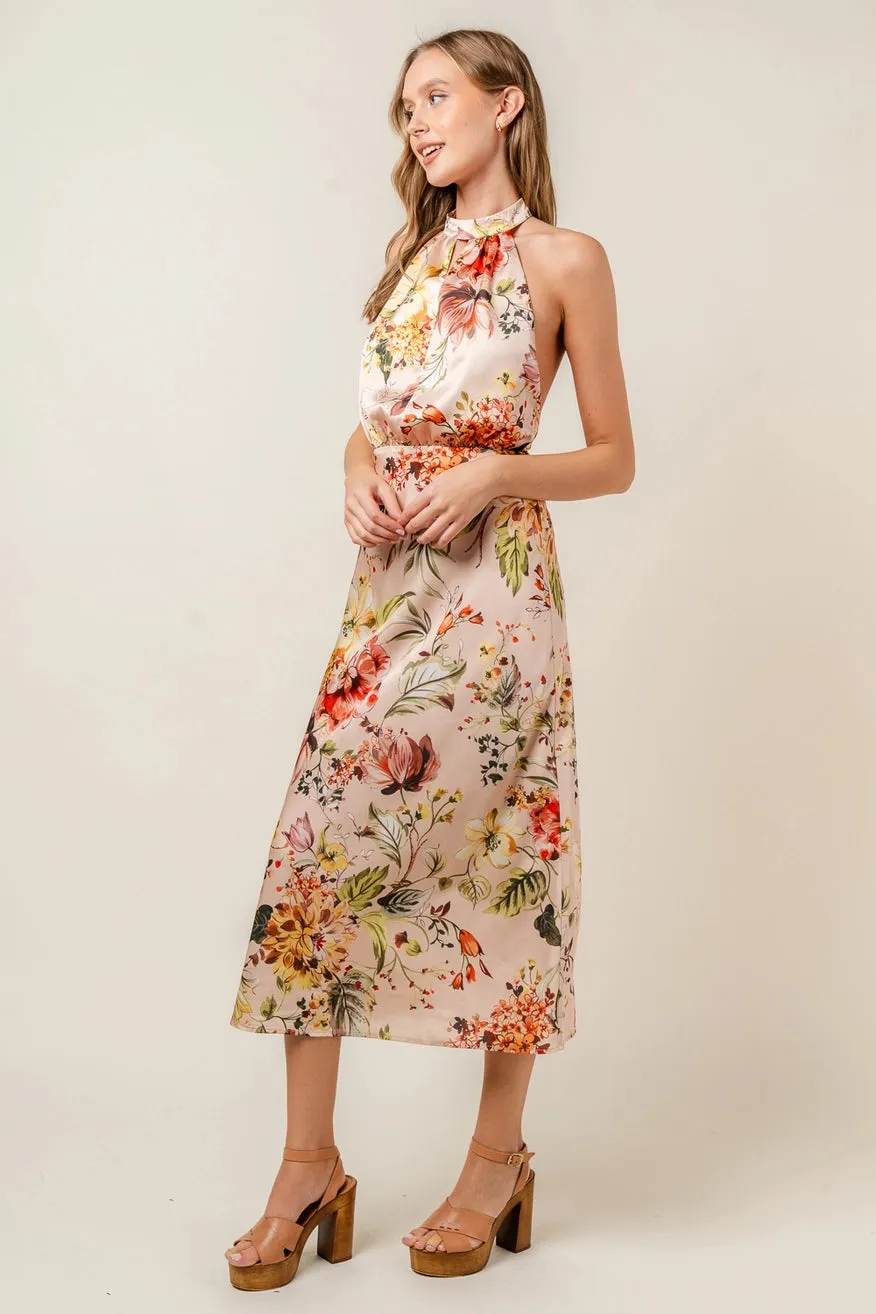 Floral Print Halter Neck Satin Midi Dress