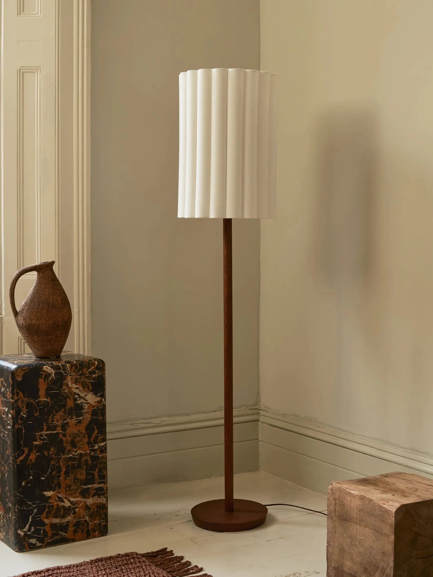 Folia - walnut wood and scalloped natural linen floor lamp