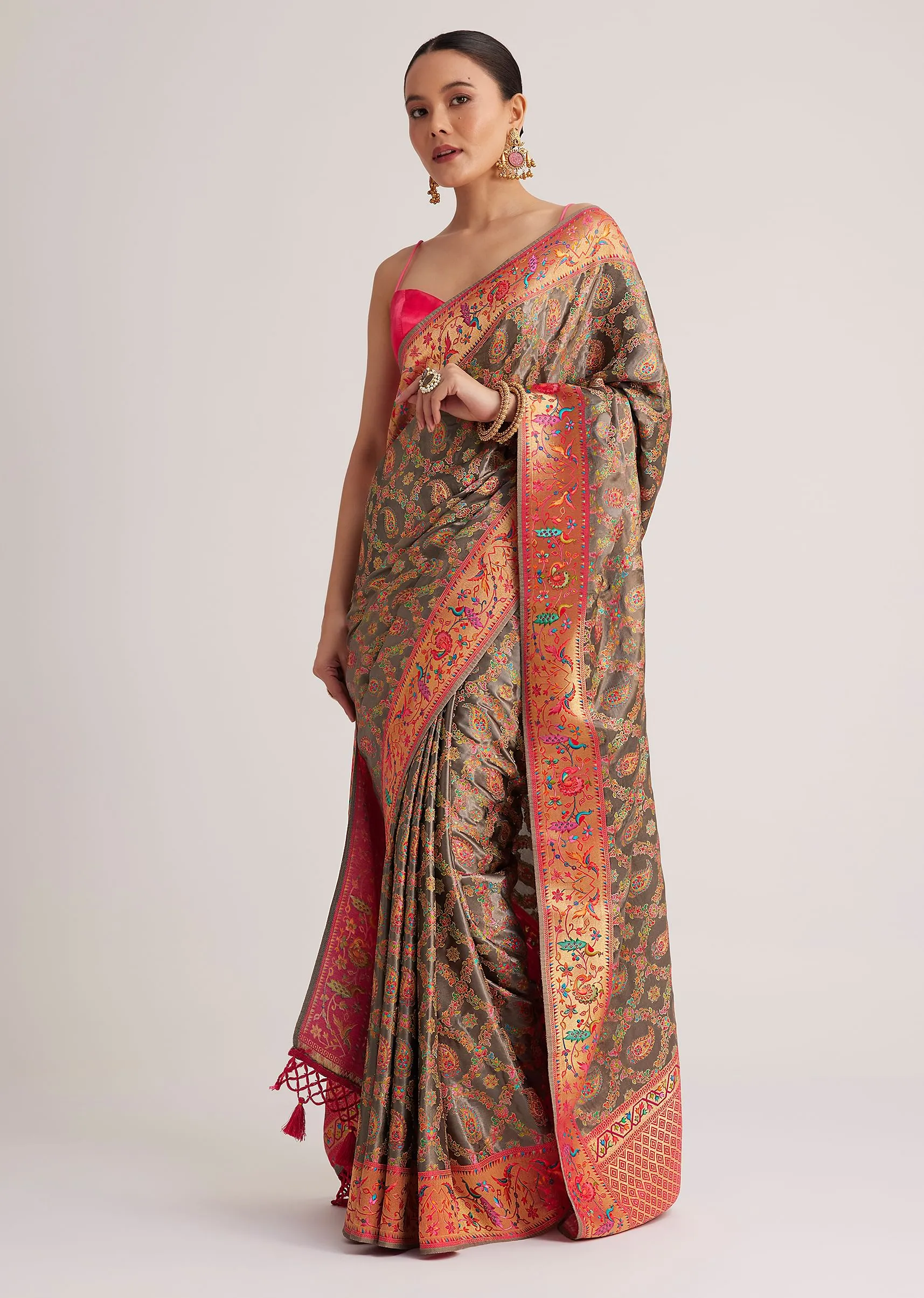 Grey Satin Silk Saree With Jaal Work And Zari Peacock Motif Border
