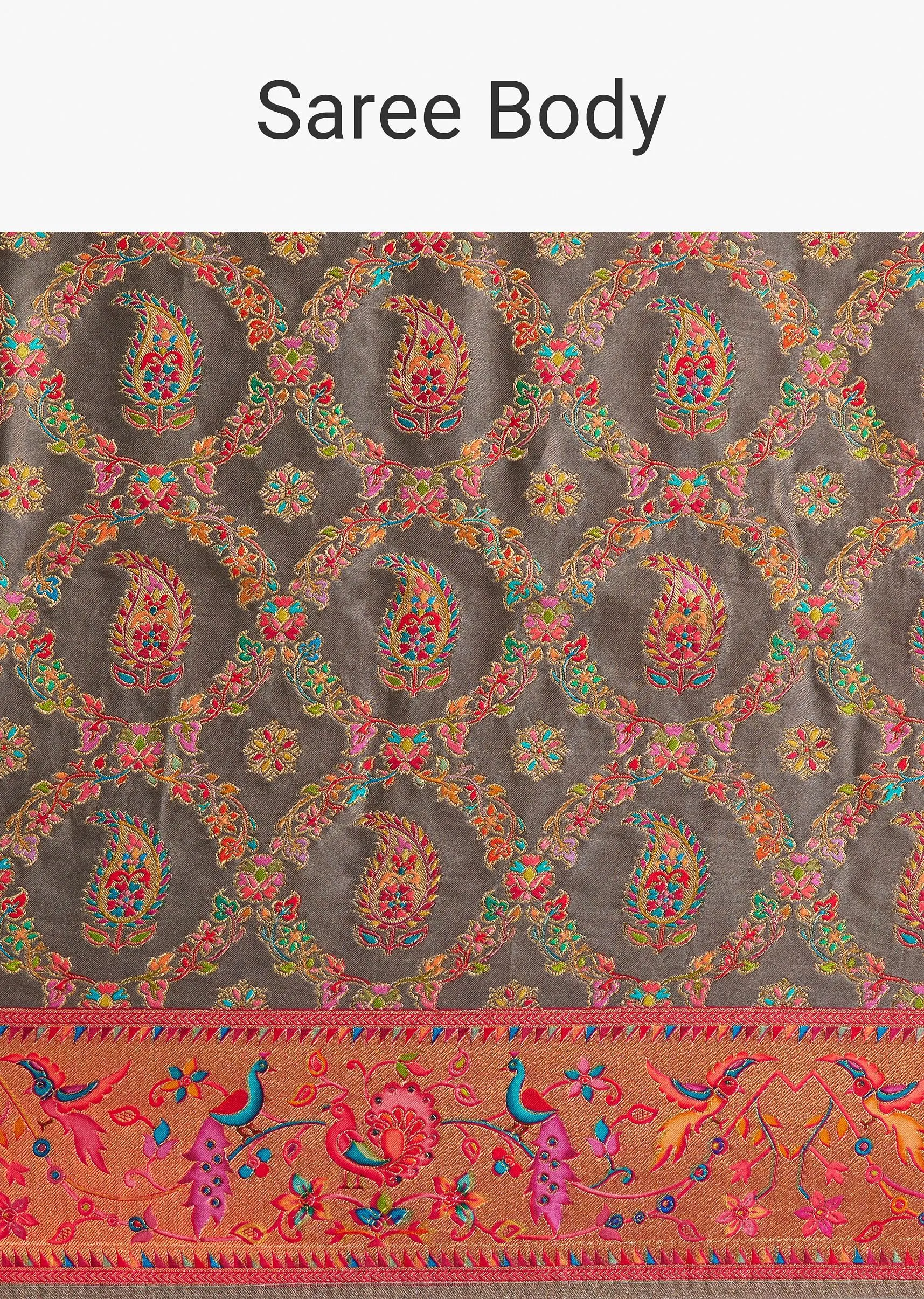 Grey Satin Silk Saree With Jaal Work And Zari Peacock Motif Border