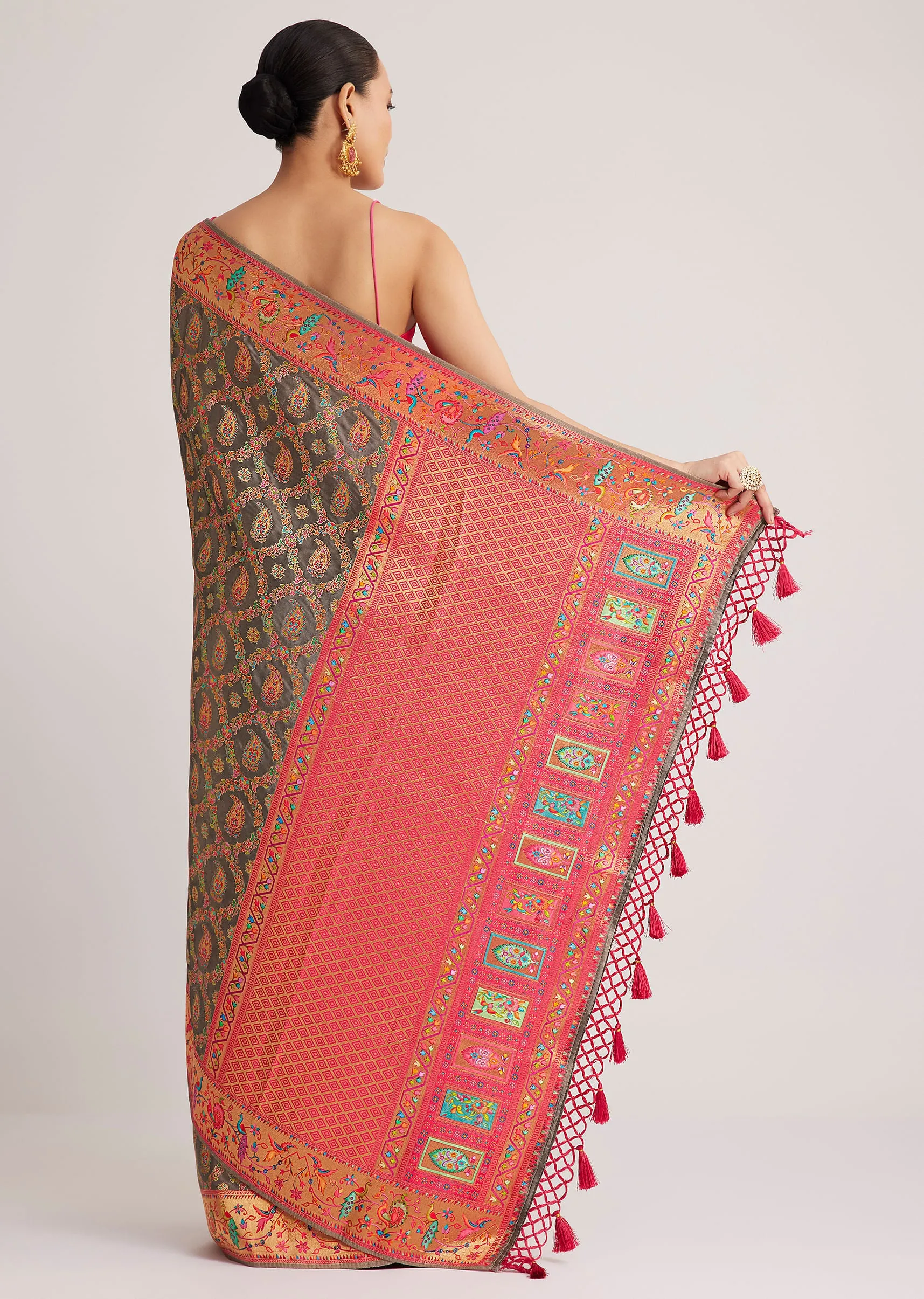 Grey Satin Silk Saree With Jaal Work And Zari Peacock Motif Border