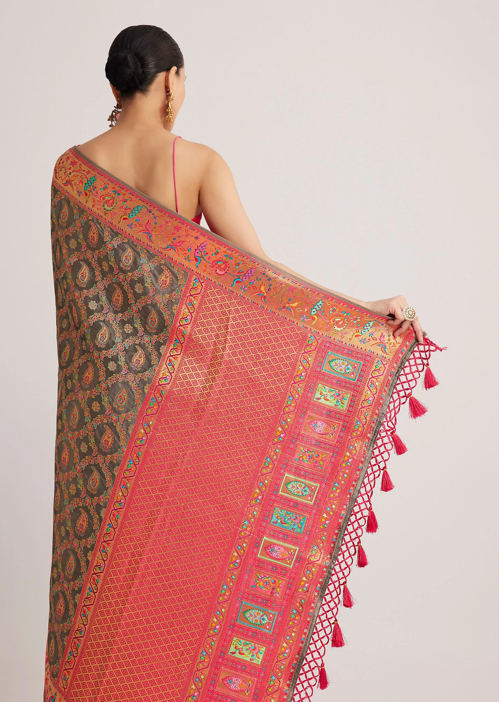 Grey Satin Silk Saree With Jaal Work And Zari Peacock Motif Border