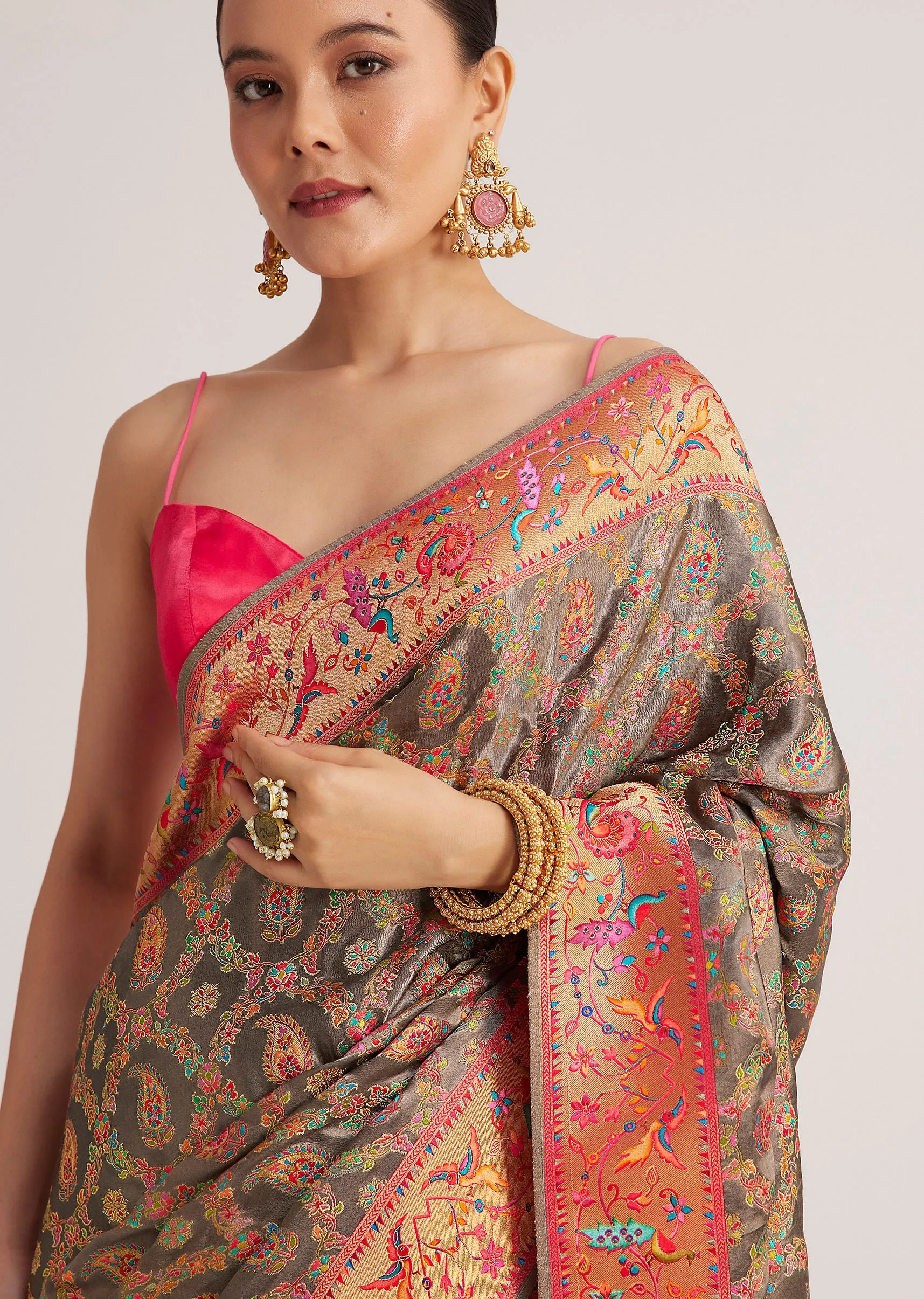 Grey Satin Silk Saree With Jaal Work And Zari Peacock Motif Border