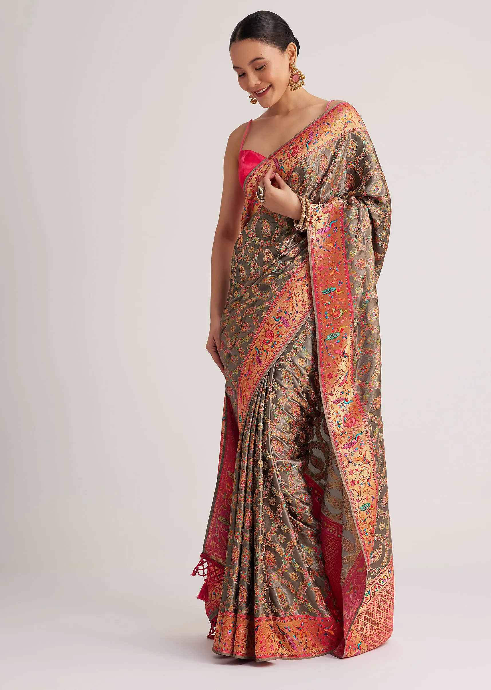 Grey Satin Silk Saree With Jaal Work And Zari Peacock Motif Border