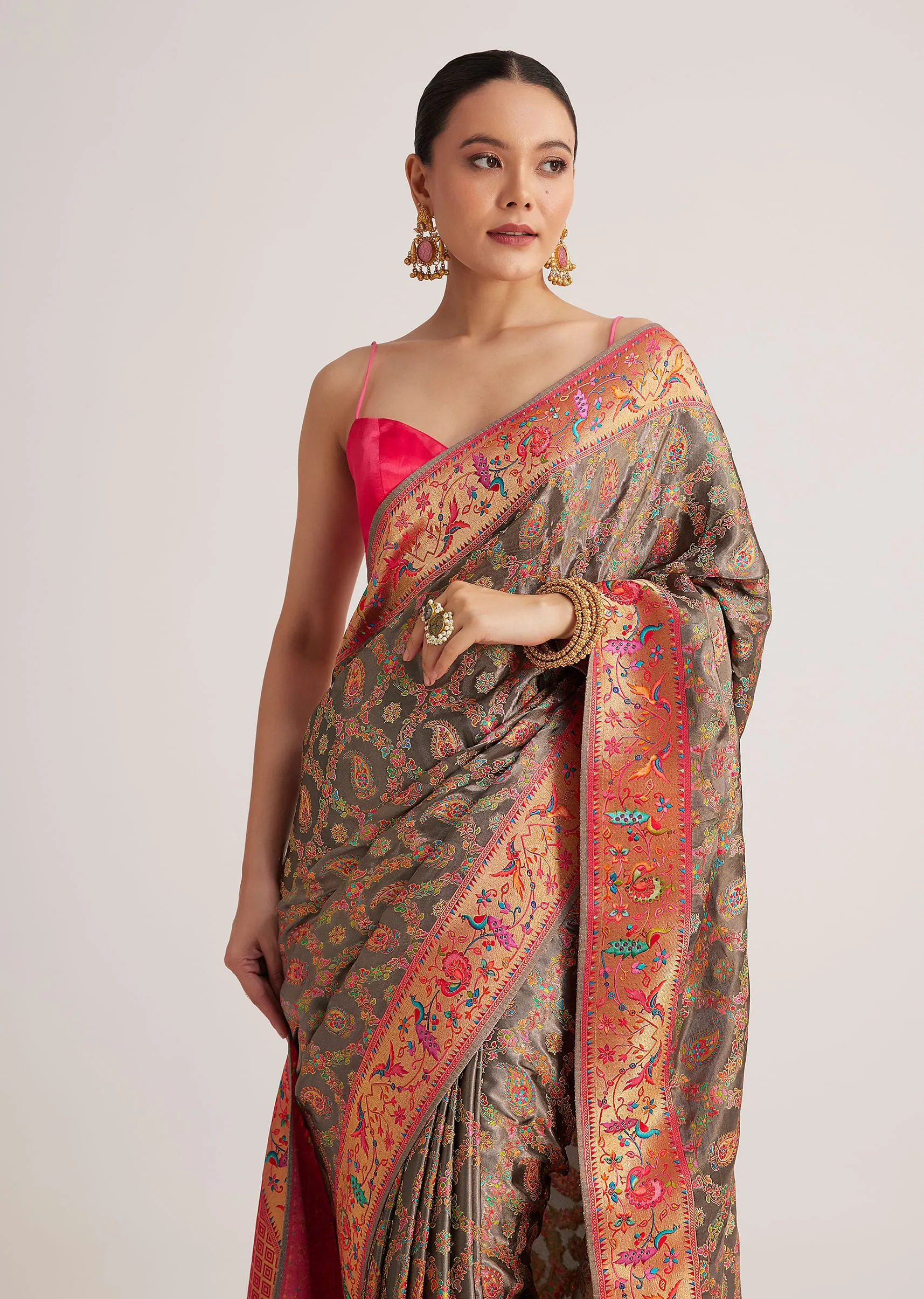 Grey Satin Silk Saree With Jaal Work And Zari Peacock Motif Border