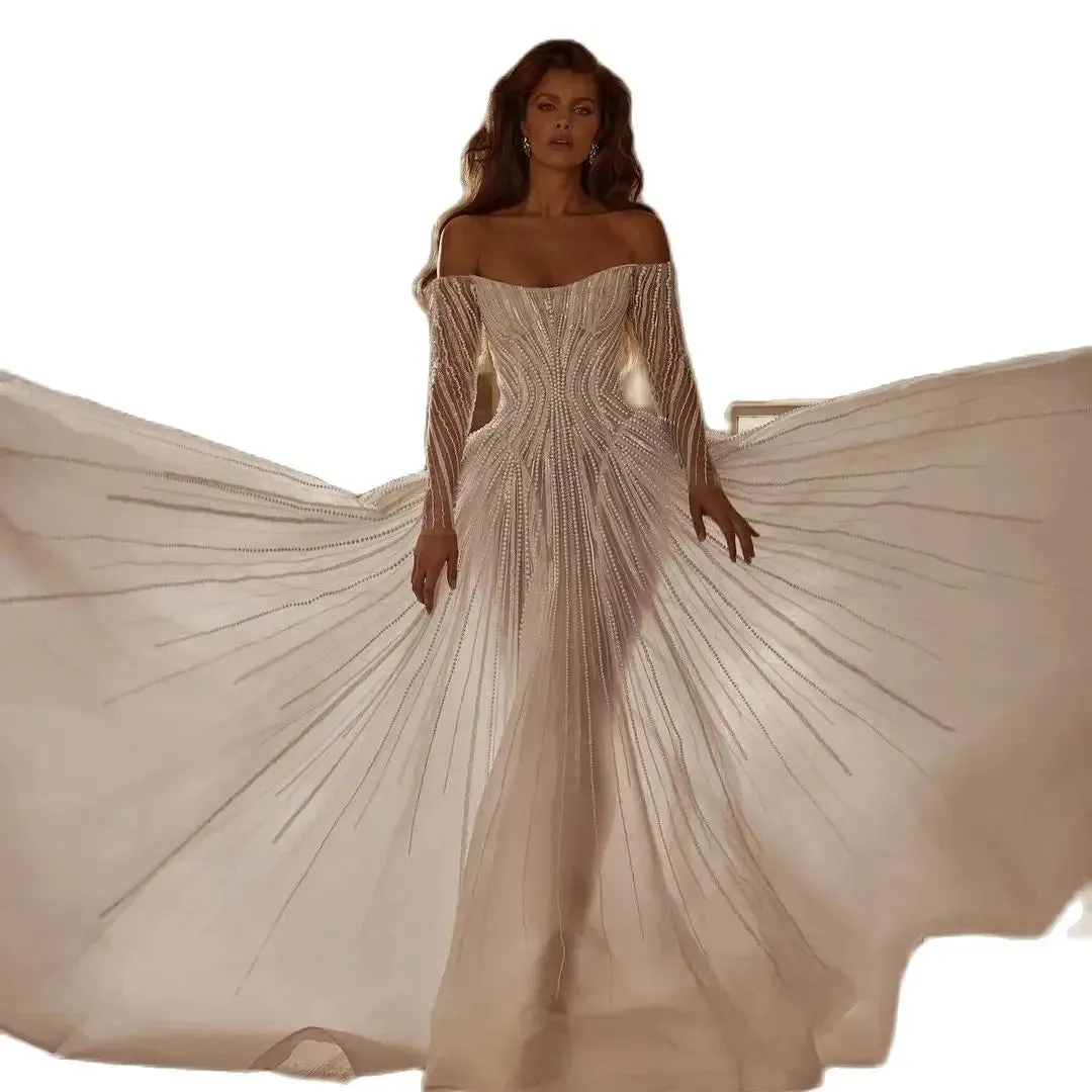 Illusion Off The Shoulder A Line Wedding Dress Floor Length Pearls Saudi Arabic Full Sleeve Bridal Gown Custom Made
